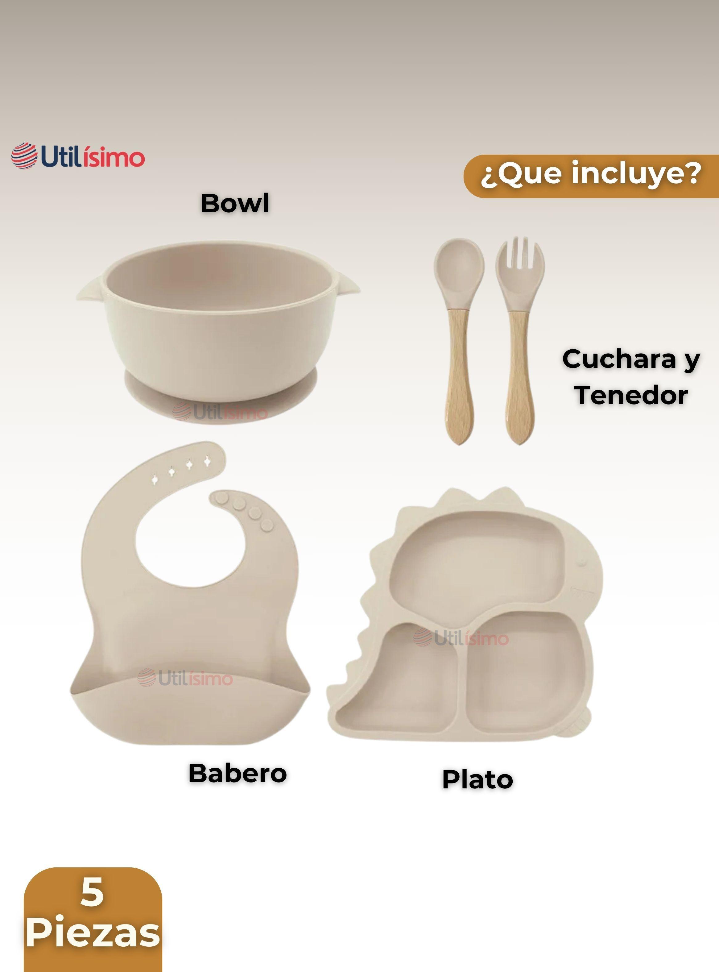 Set De Alimentación Bebé Silicona 5 Piezas Dinosaurio Libre BPA Beige-4