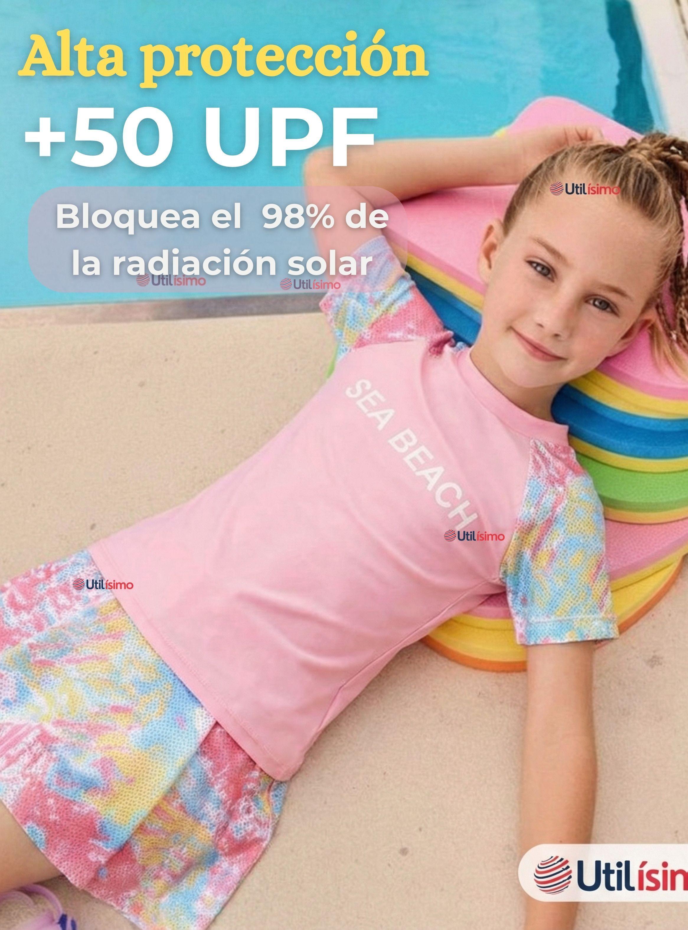 Traje De Baño Manga Corta y Pantalón Corto Con Falda 2 Piezas Niña 6 a 13 Años Sea Beach Rosado-5
