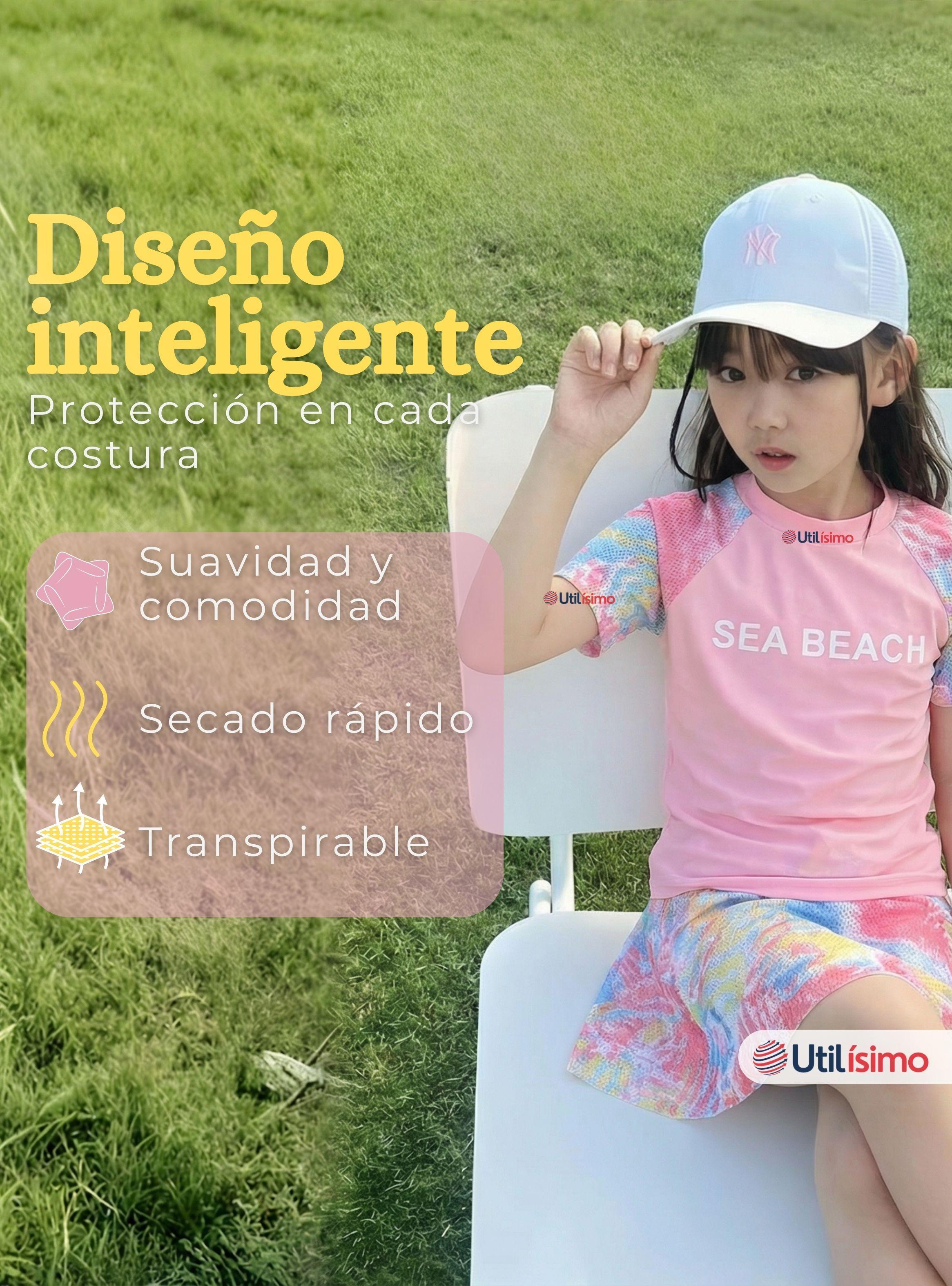 Traje De Baño Manga Corta y Pantalón Corto Con Falda 2 Piezas Niña 6 a 13 Años Sea Beach Rosado-6