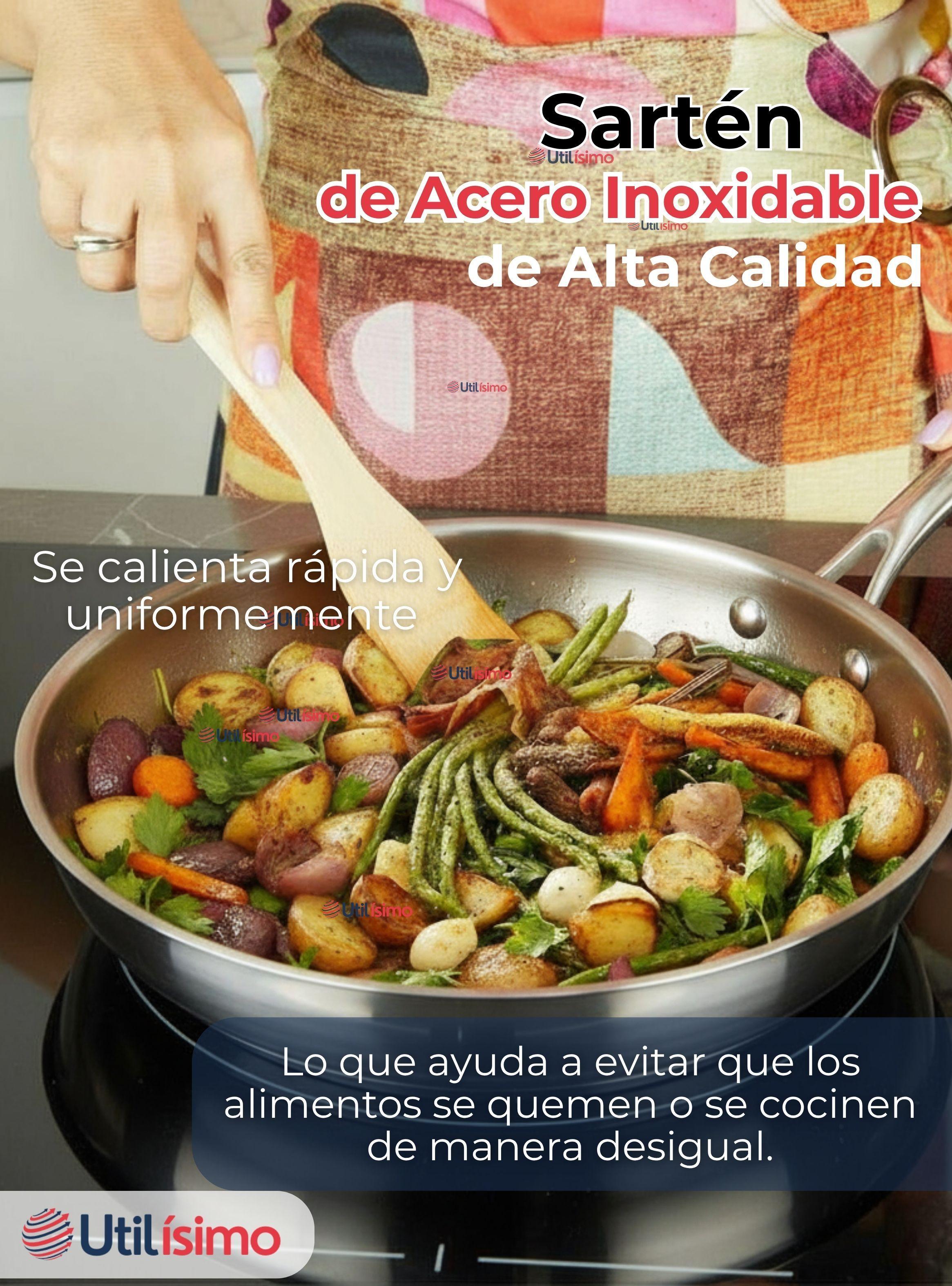 Sartén Acero Inoxidable Antiadherente 28cm +Cuchara de Madera Bambú-2