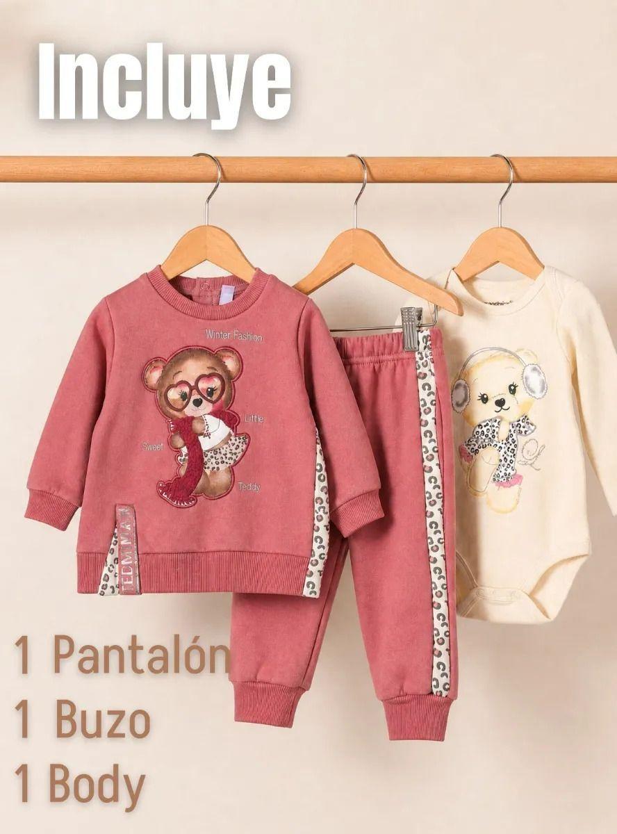Conjunto 3 Piezas Buzo Pantalón Polerón Body Algodón Rosado Niña Bebé -2