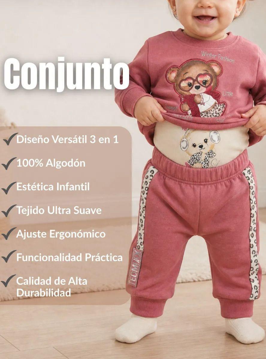Conjunto 3 Piezas Buzo Pantalón Polerón Body Algodón Rosado Niña Bebé -5
