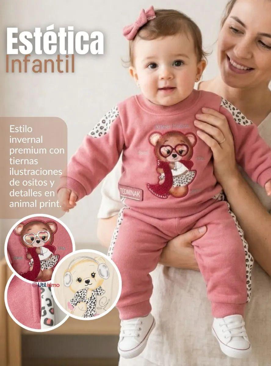 Conjunto 3 Piezas Buzo Pantalón Polerón Body Algodón Rosado Niña Bebé -8