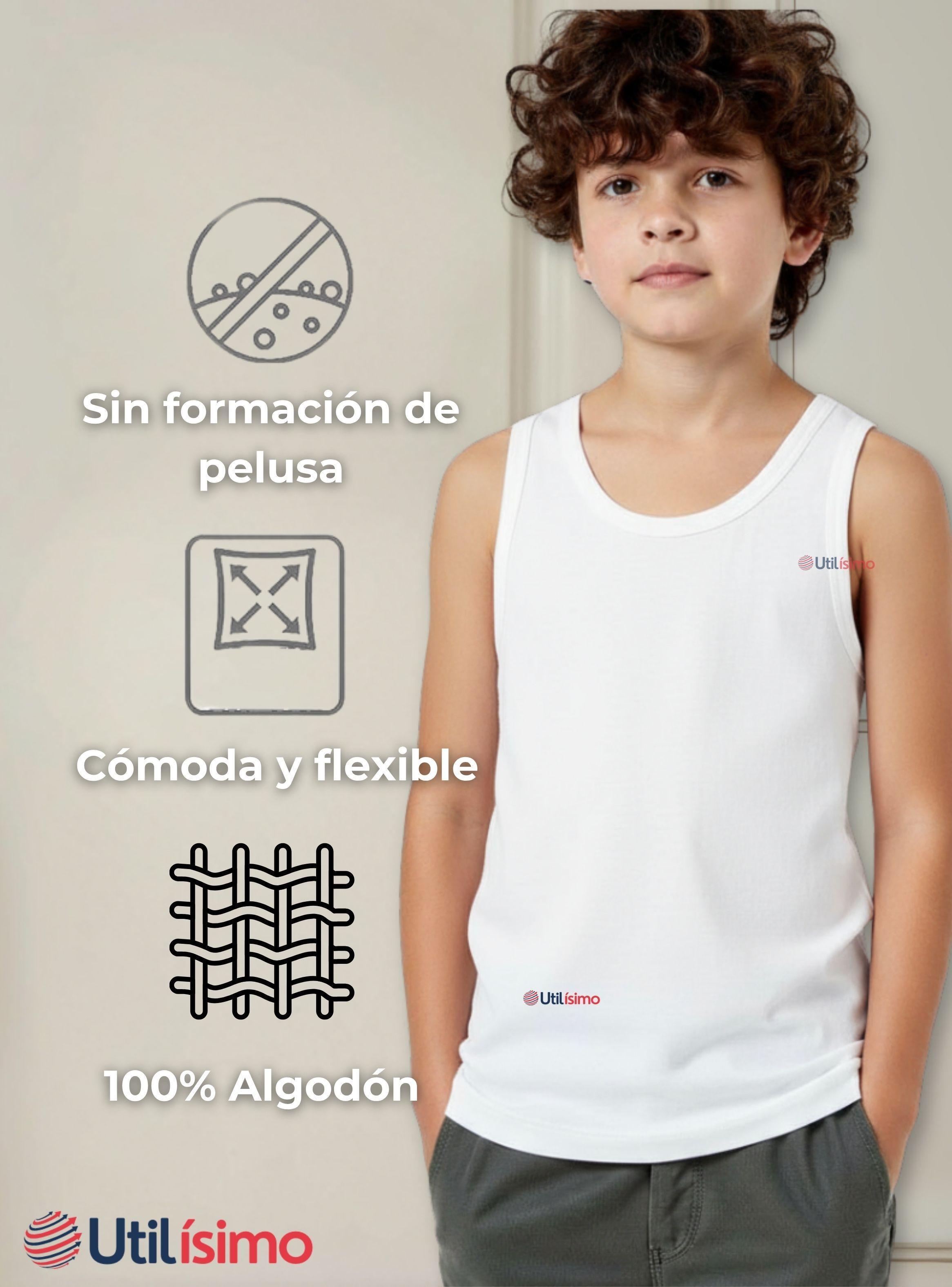 Camiseta Sin Manga Básica Suave 100% Algodón Blanco Niño y Juvenil-5