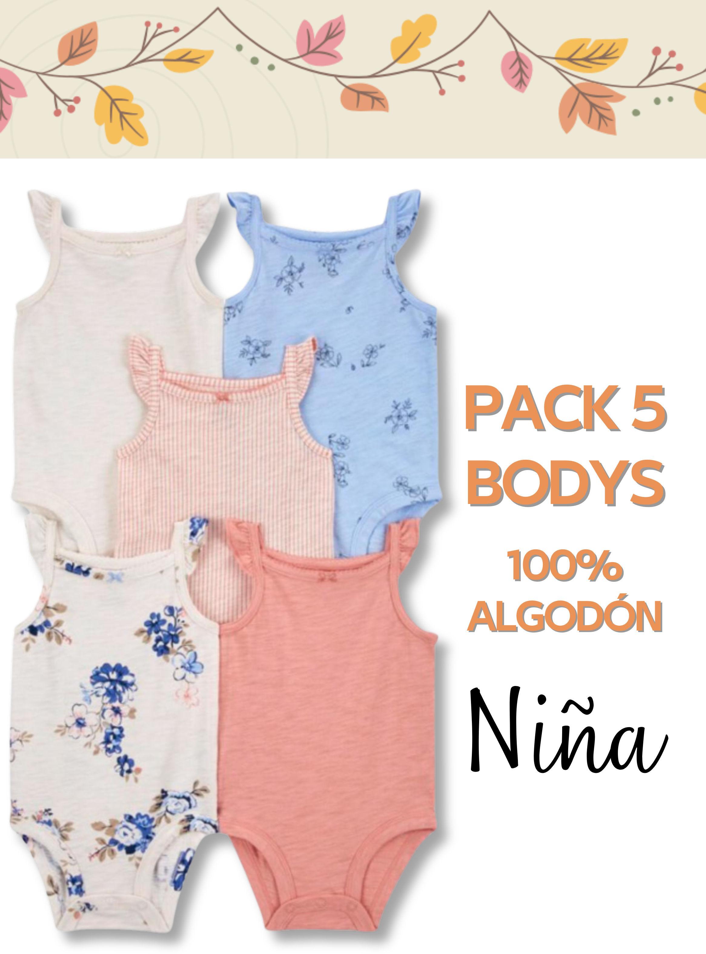 Pack 5 Bodys Niña Sin Manga Tedmimak 100% Algodón Blanco Flores-4