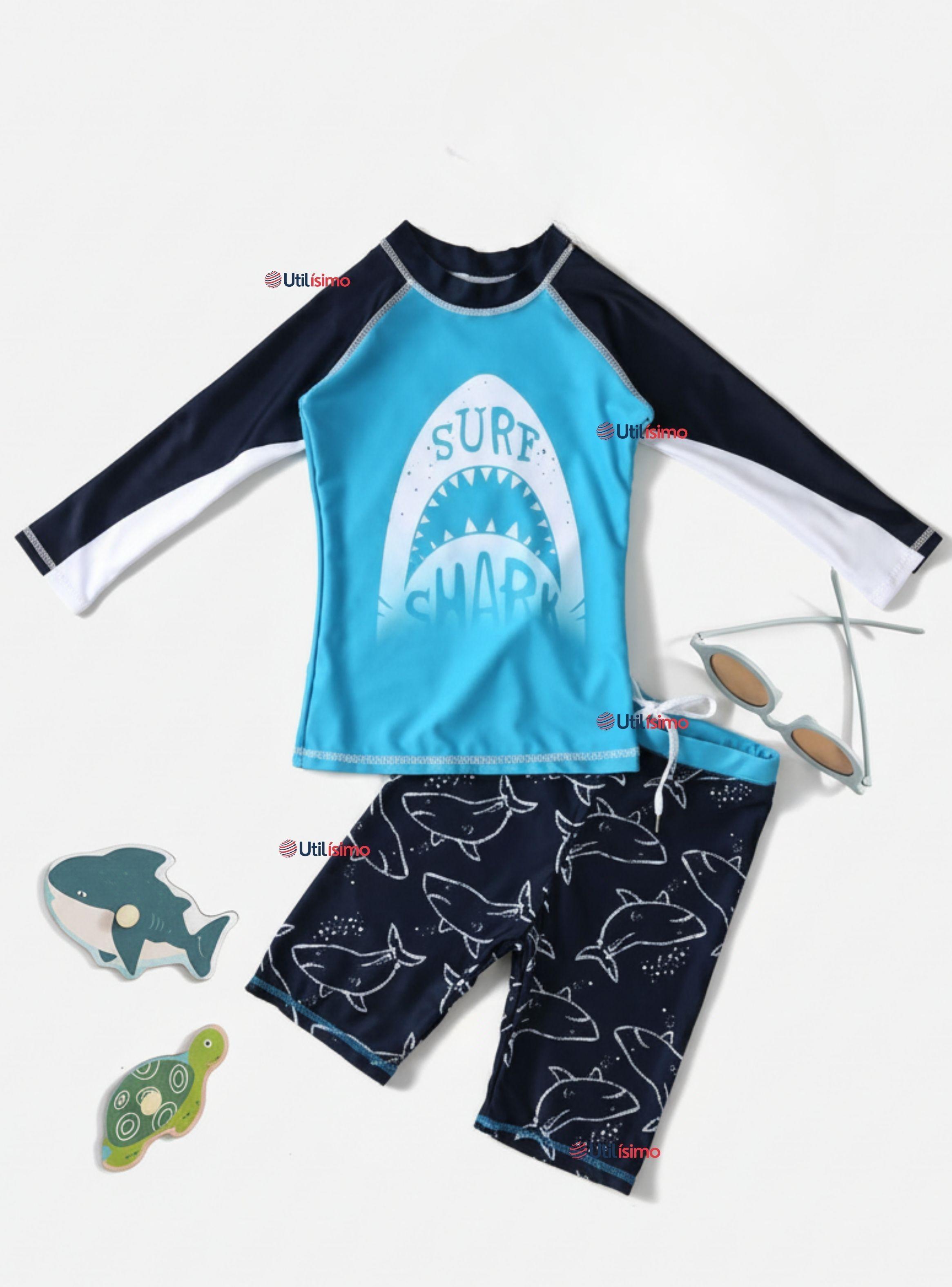 Traje de Baño Manga Larga y Pantalón Corto 2 Piezas Corte Split Para Niños 3 a 9 años Blue Shark-0