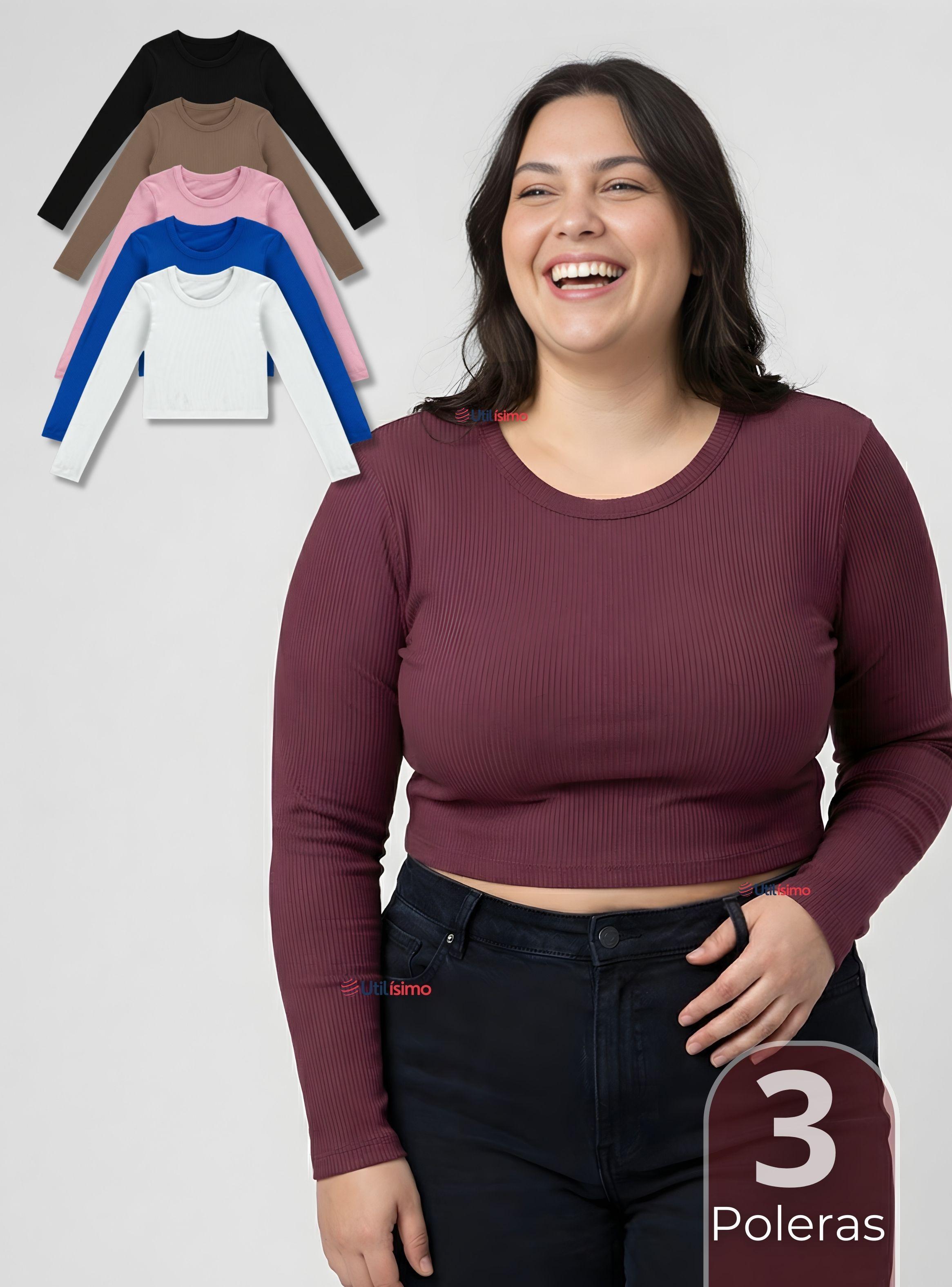 Pack 3 Camisetas Polar Manga Larga Polera Tela Acanalada de Colores Surtidos-0