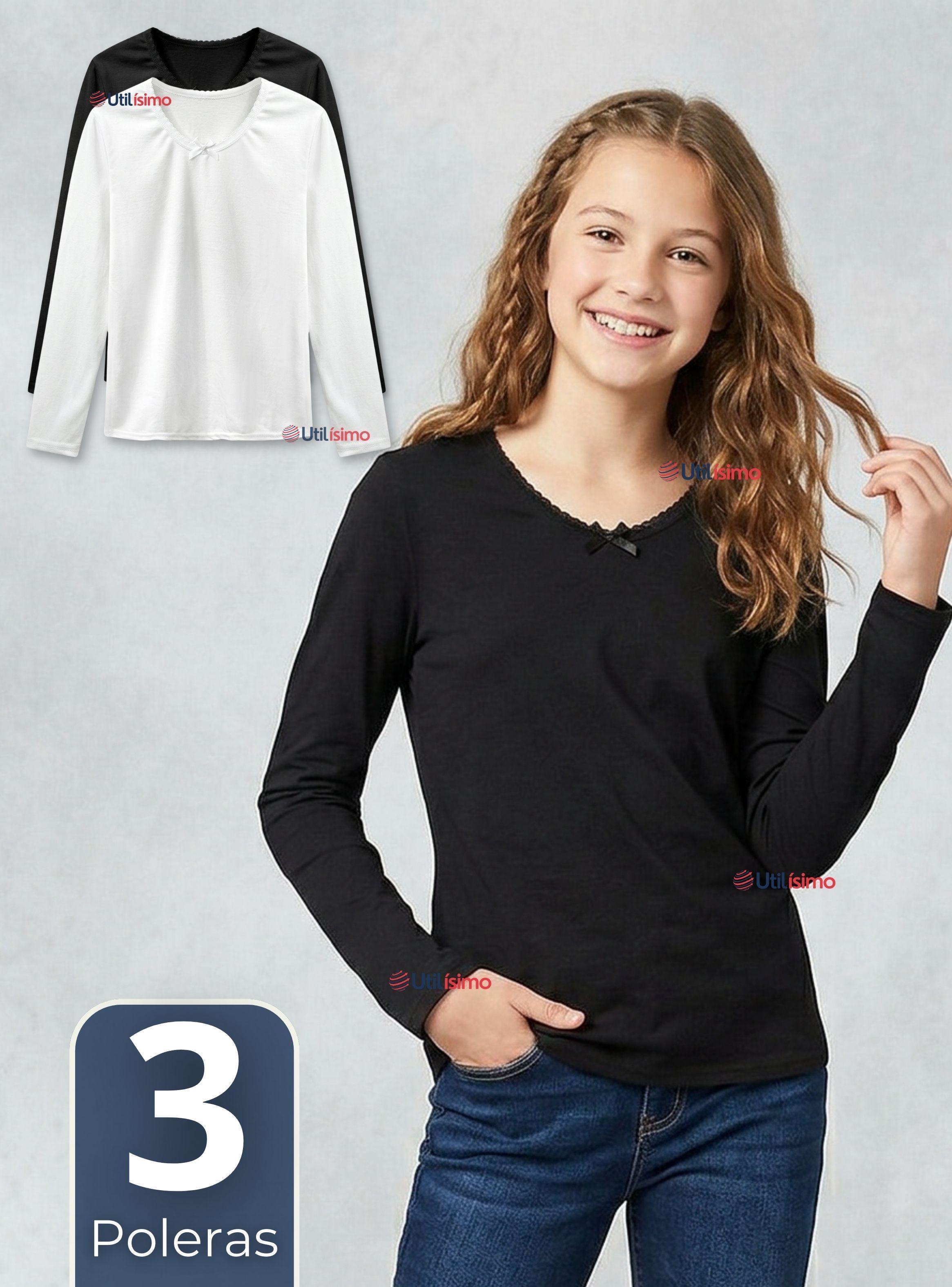 Pack 3 Camiseta Polera Algodón Cuello Redondo Primera Capa Manga Larga Colores Surtidos Juvenil-0