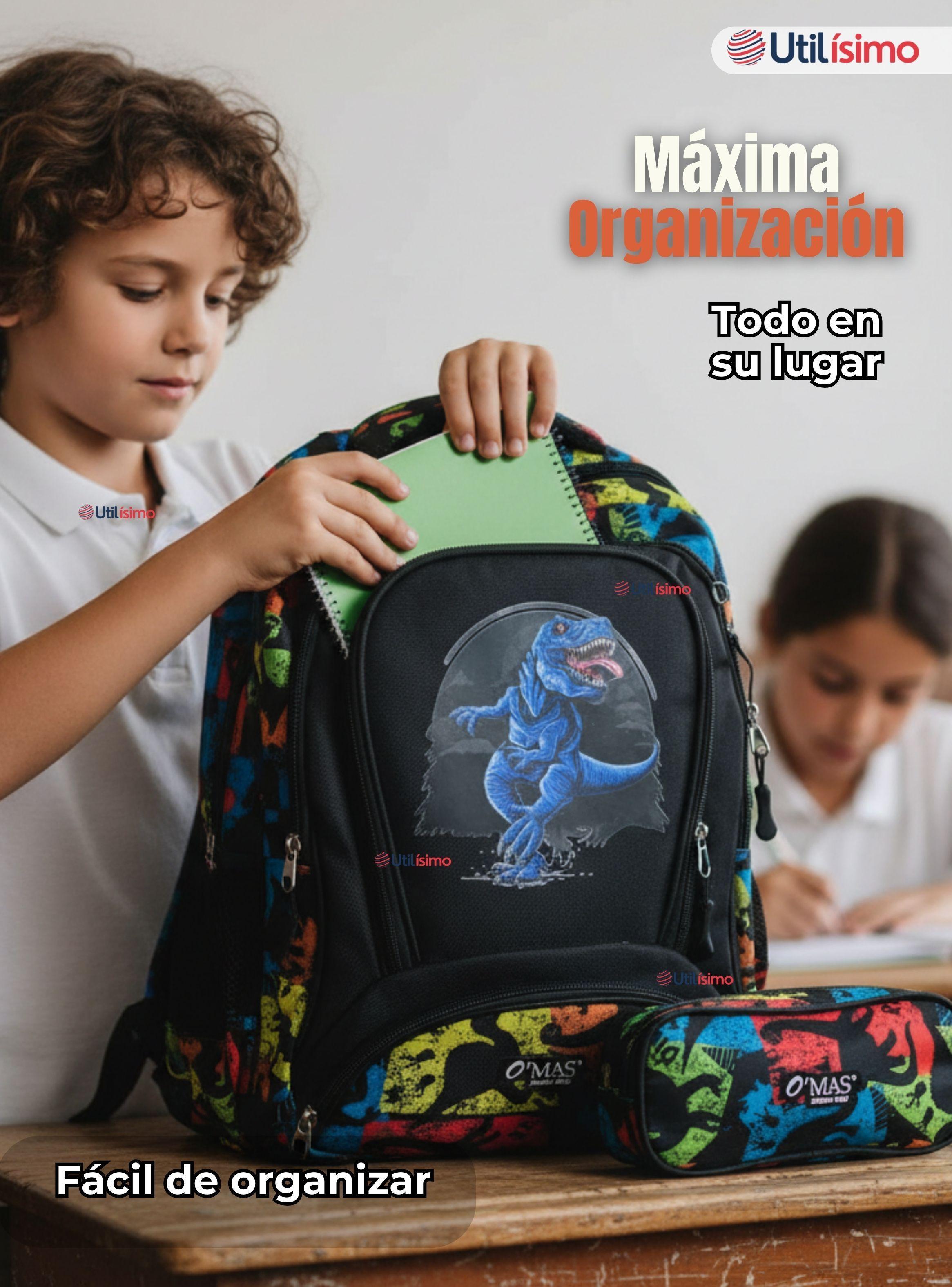 Mochila Escolar Kit Con Estuche + Lonchera 45 cm Tela Oxford Dinosaurio Azul para Niños-6