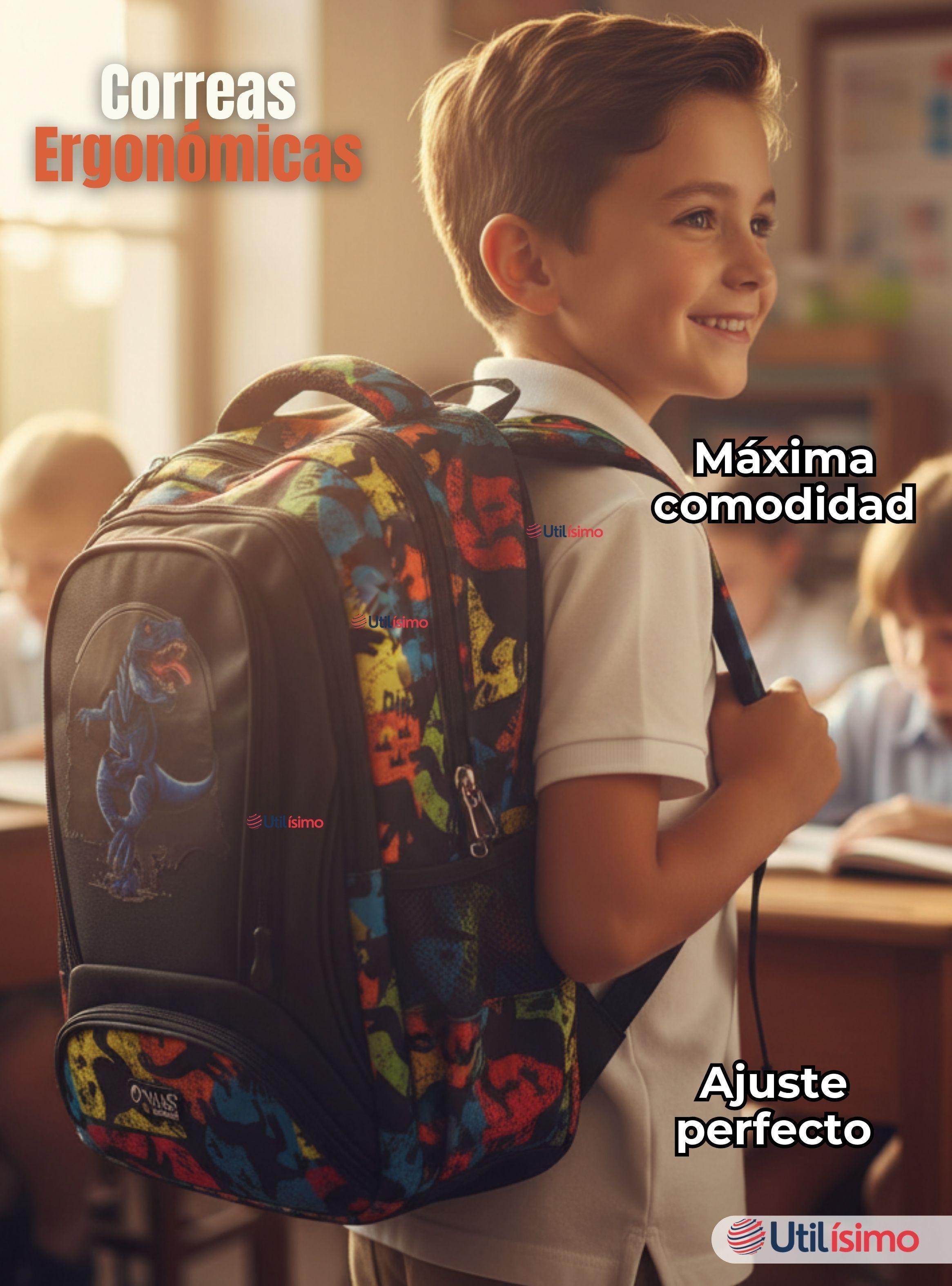 Mochila Escolar Kit Con Estuche + Lonchera 45 cm Tela Oxford Dinosaurio Azul para Niños-7