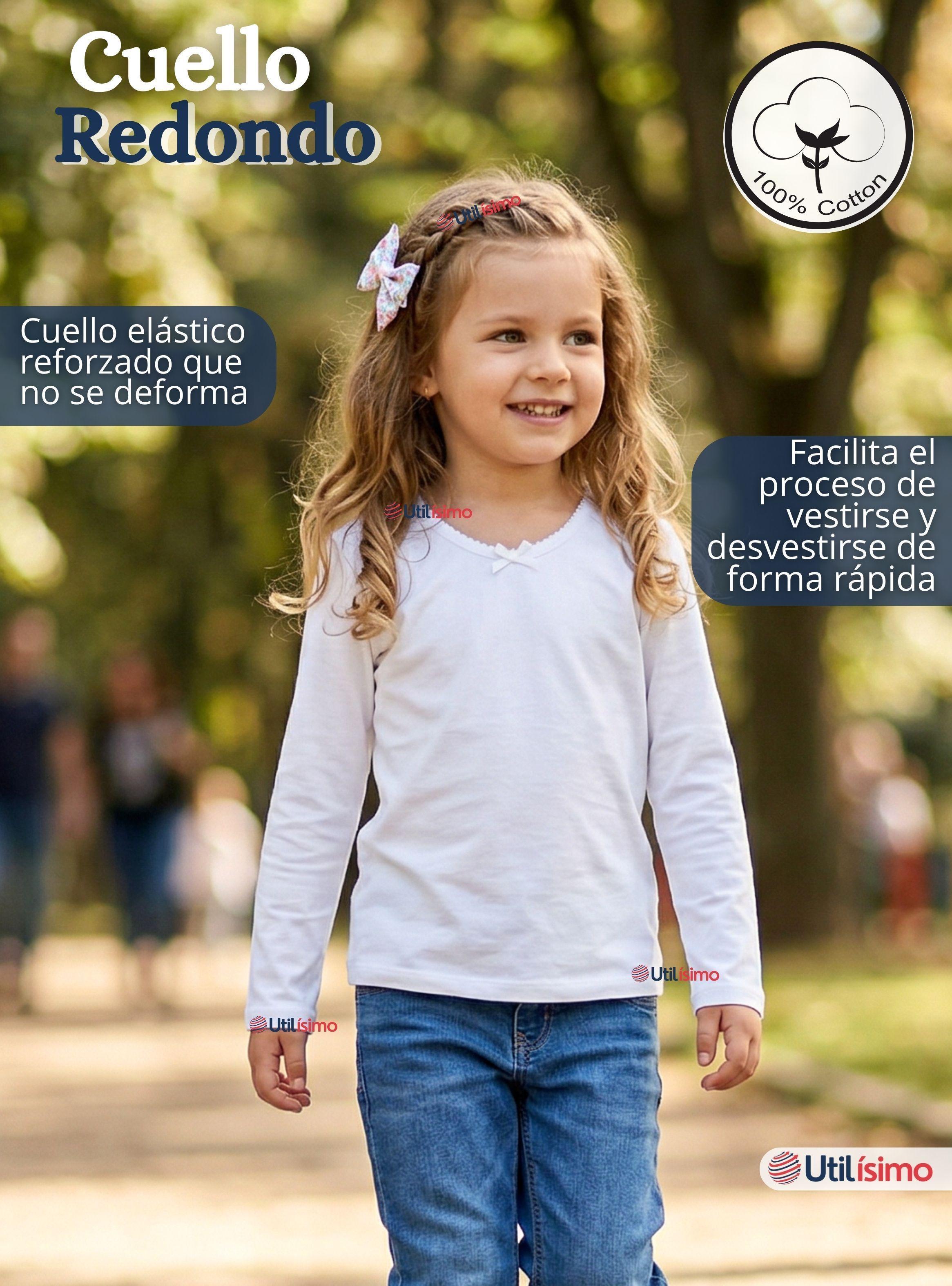 Camiseta Polera Algodón Cuello Redondo Blanca Primera Capa Manga Larga para Niñas-7