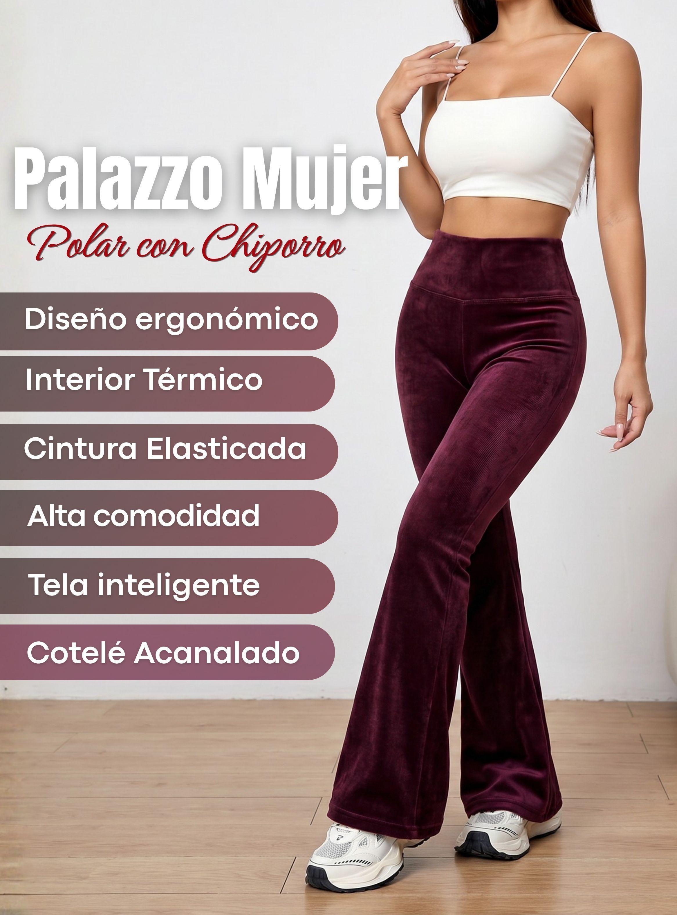 Pantalón Cotelé Palazzo Polar Con Chiporro Burdeo Elasticado Térmico -4