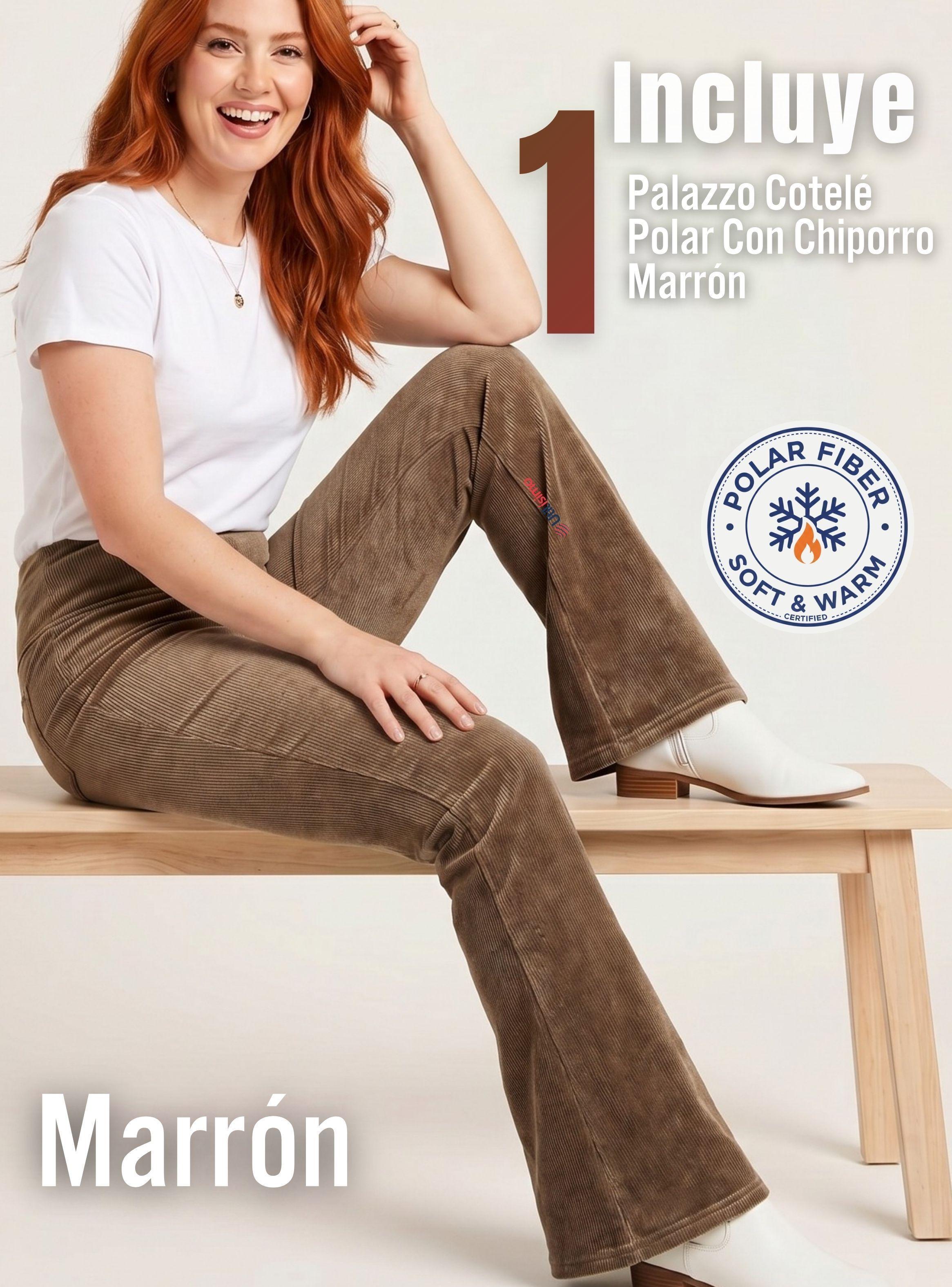 Pantalón Cotelé Palazzo Polar Con Chiporro Elasticado Térmico Café Oscuro-2