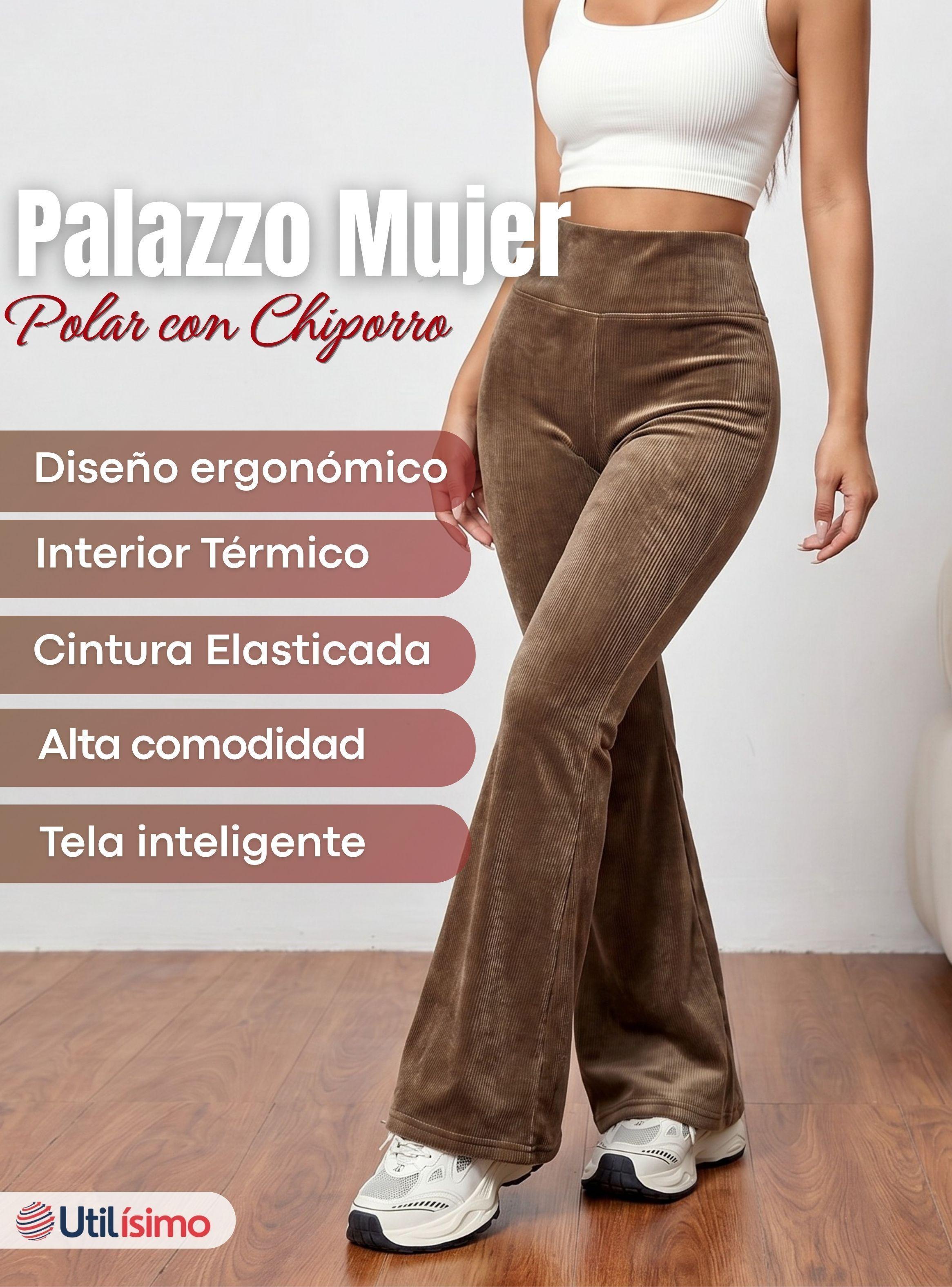 Pantalón Cotelé Palazzo Polar Con Chiporro Elasticado Térmico Café Oscuro-4