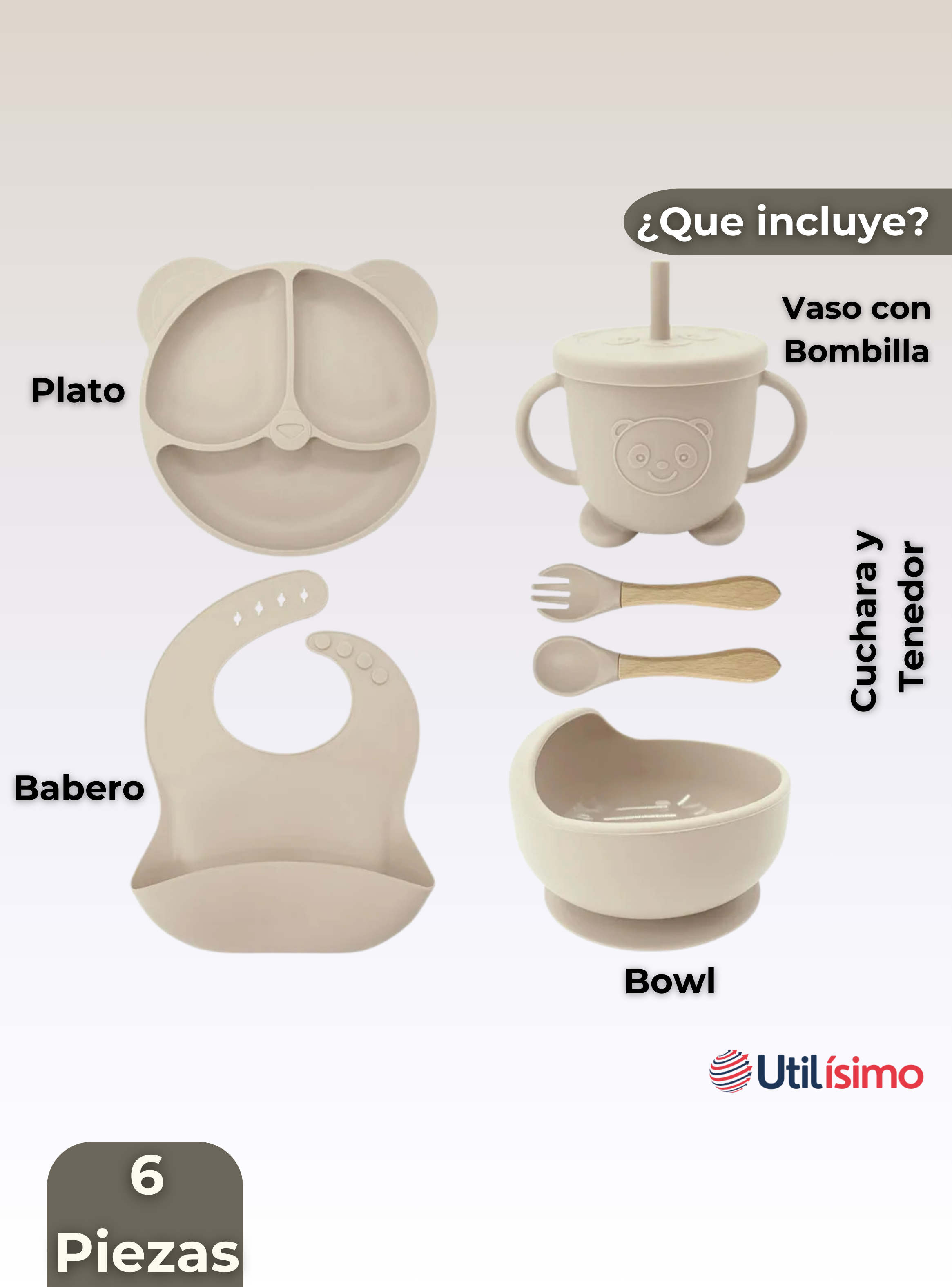 Set De Alimentación Bebé Silicona De Oso 6 Piezas Libre BPA Beige-5