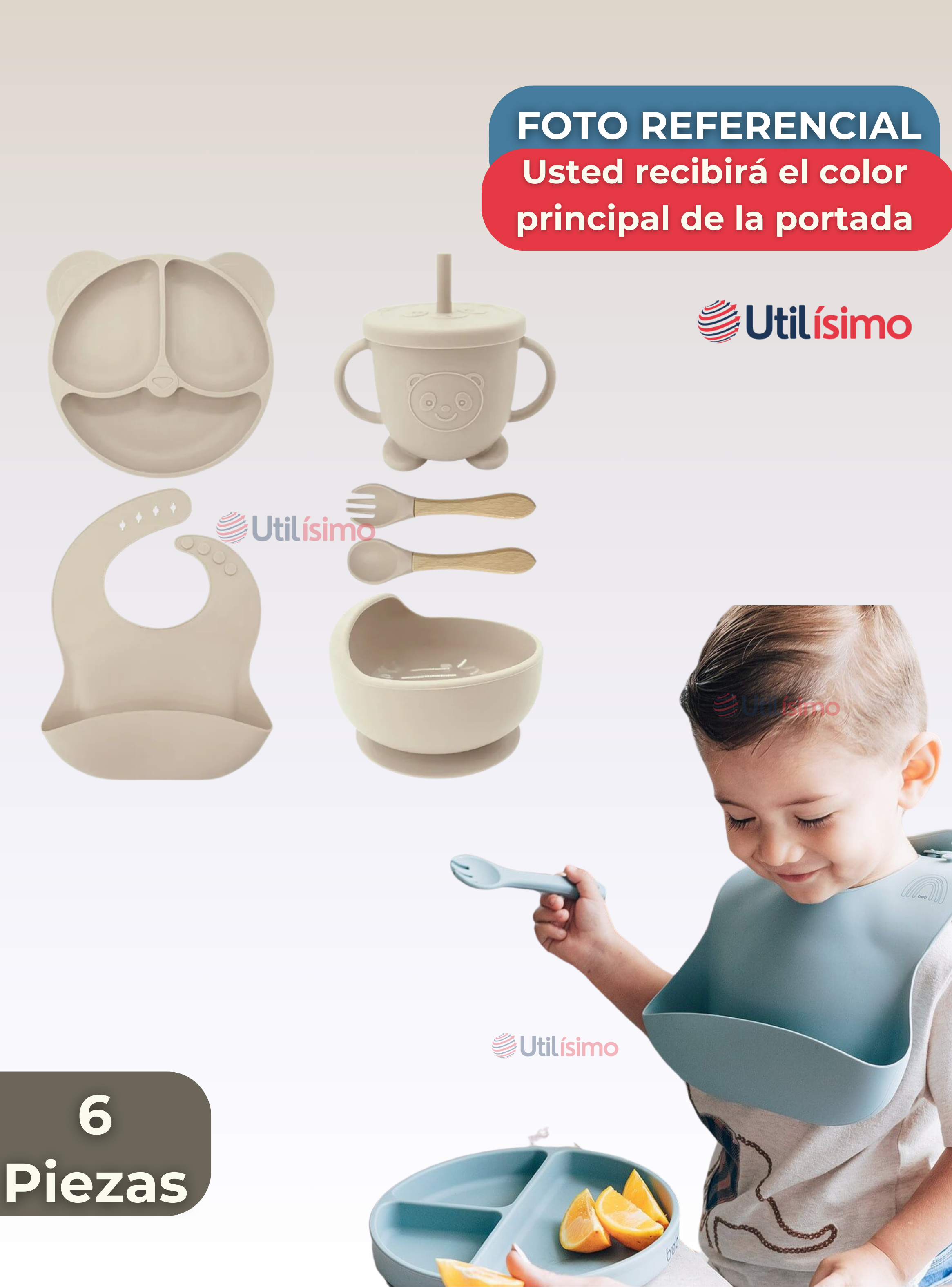 Set De Alimentación Bebé Silicona De Oso 6 Piezas Libre BPA Beige-6