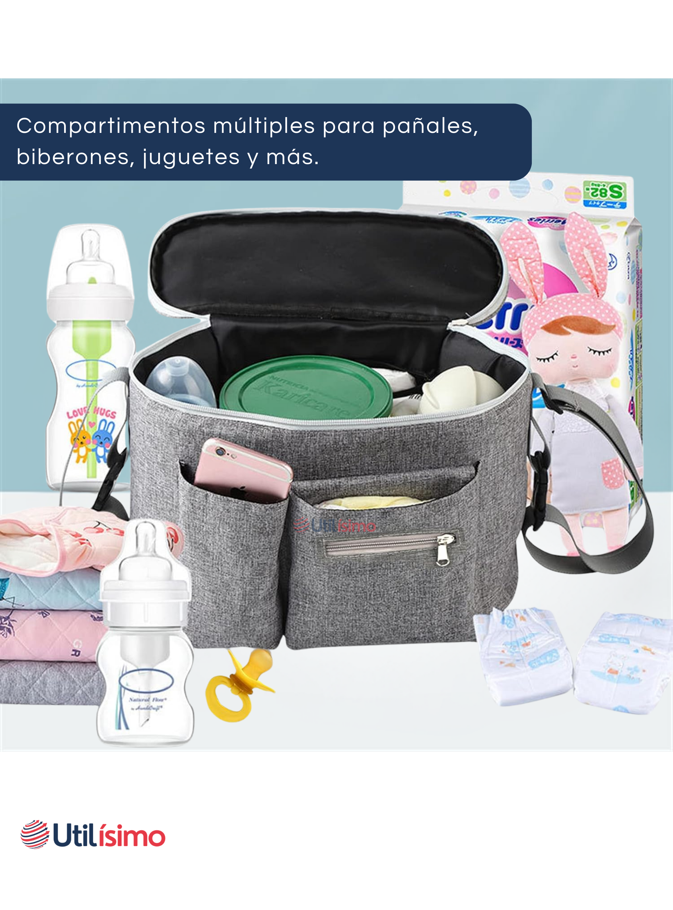 Bolso Maternal Mochila Para Coche Pañalera Bebé Mamá Gris-3