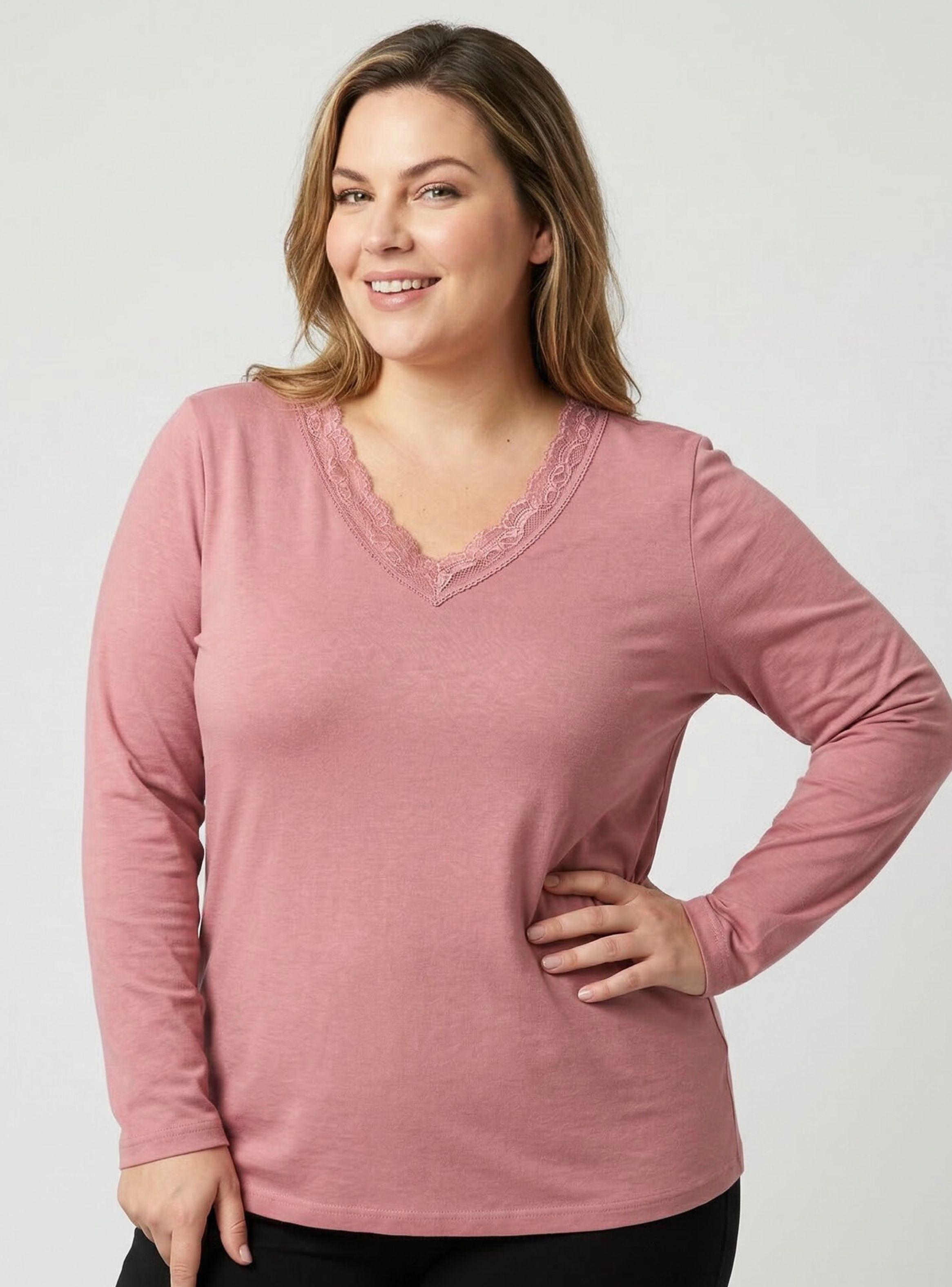 Camiseta Polera Polar Cuello V Manga Larga Con Encaje Colores Surtidos de Mujer-0