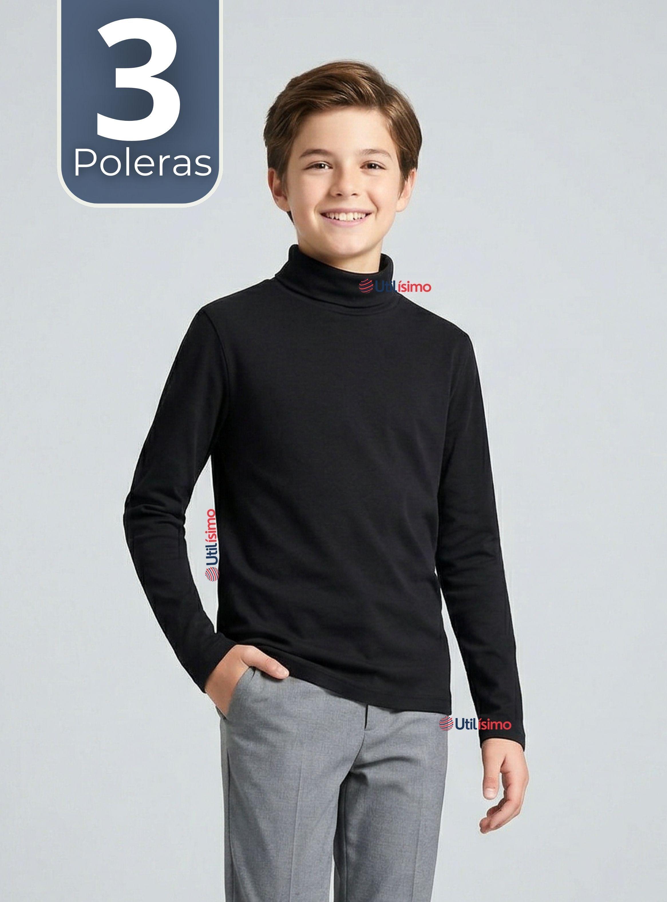 Pack 3 Poleras Camisetas Polar Negra Primera Capa Beatle Manga Larga para Niños-0