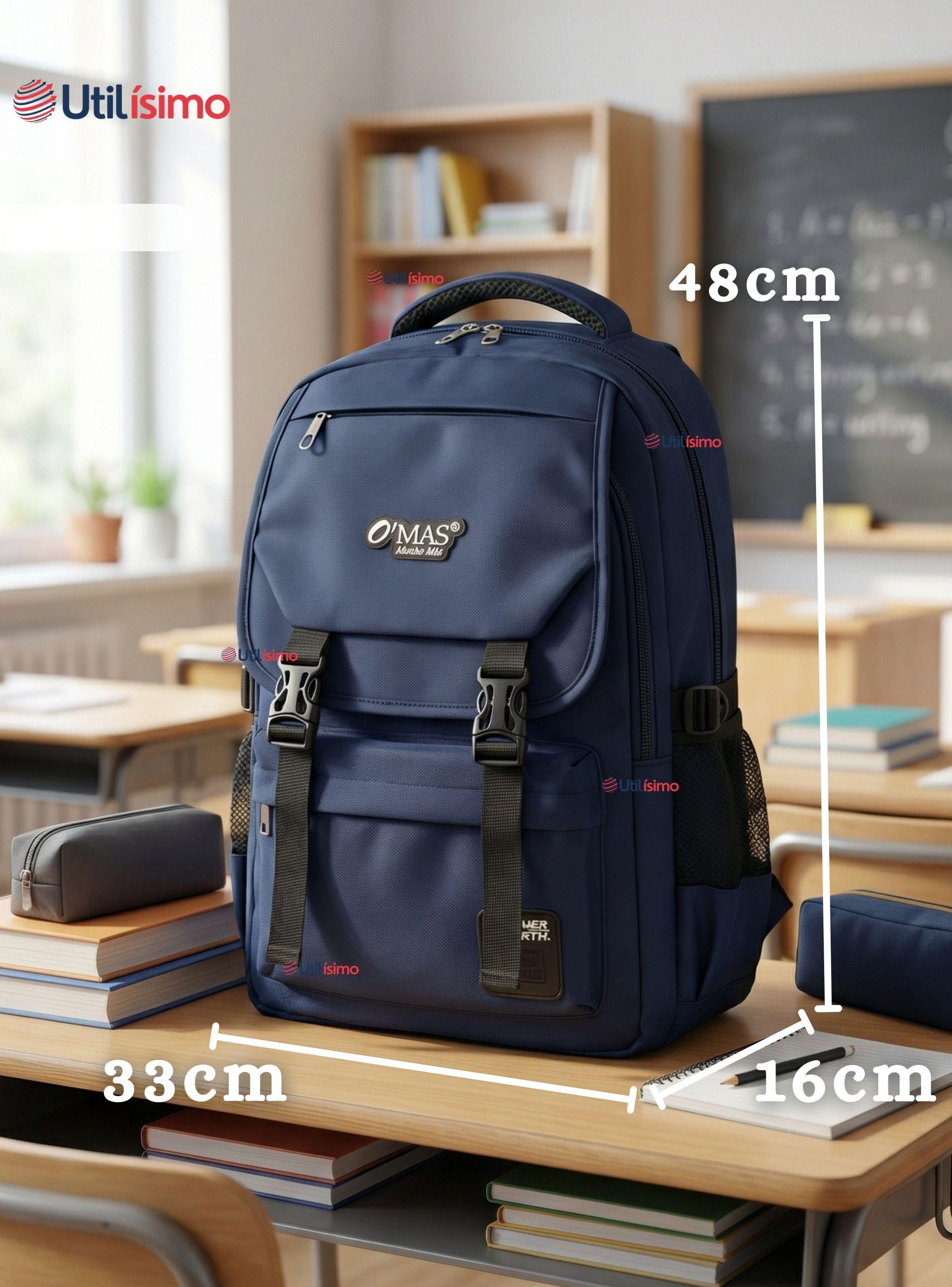 Mochila Escolar Azul Broches Impermeable Poliéster 48cm Niño-2