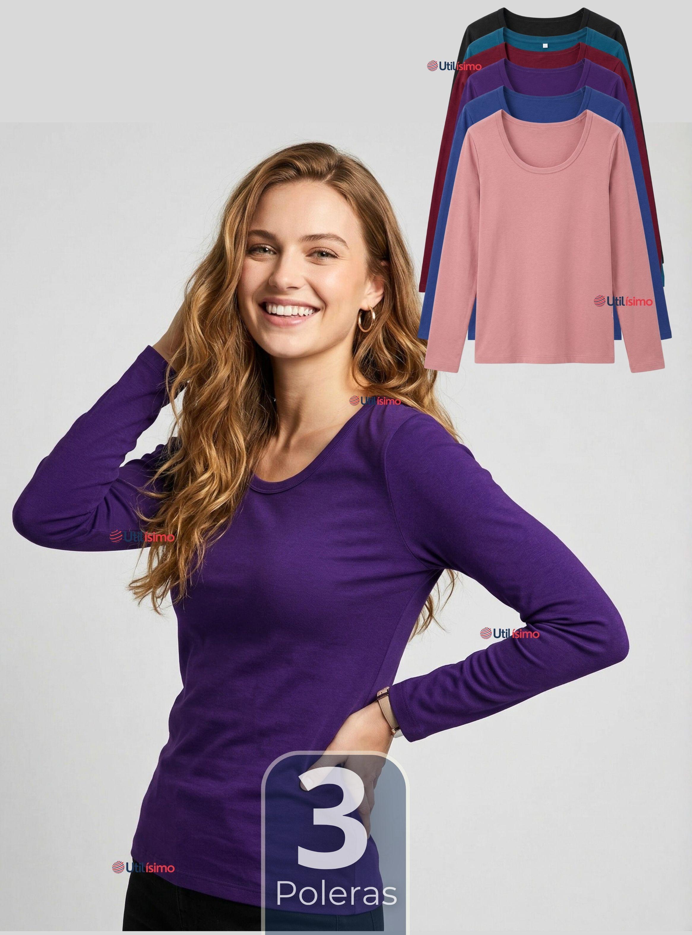 Pack 3 Camisetas Poleras Bambú Primera Capa Manga Larga Colores Surtidos Mujer-0