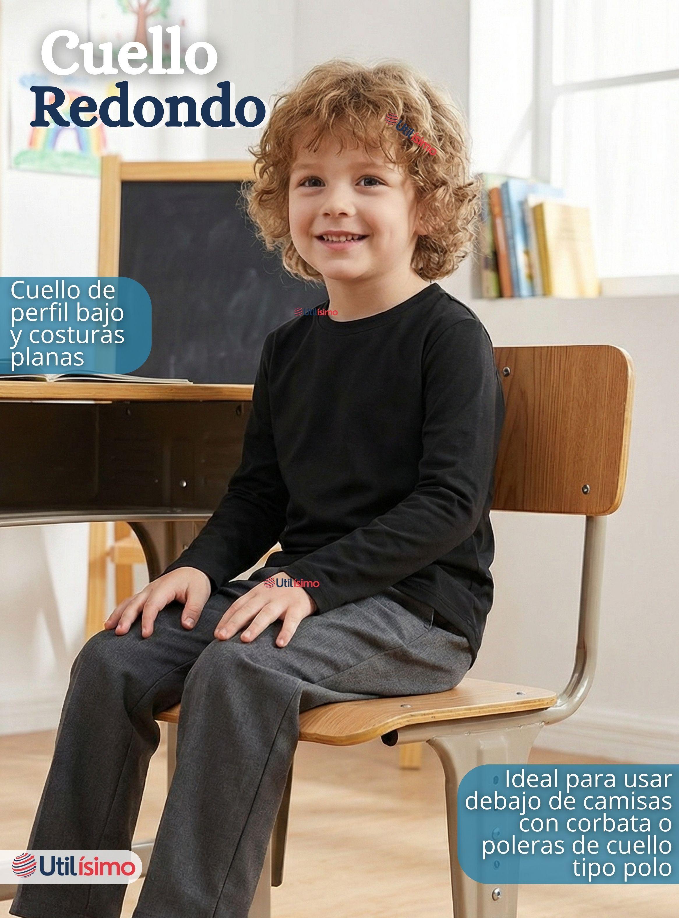 Polera Camiseta Polar Negra Primera Capa Escolar Cuello Redondo Manga Larga Niños-4