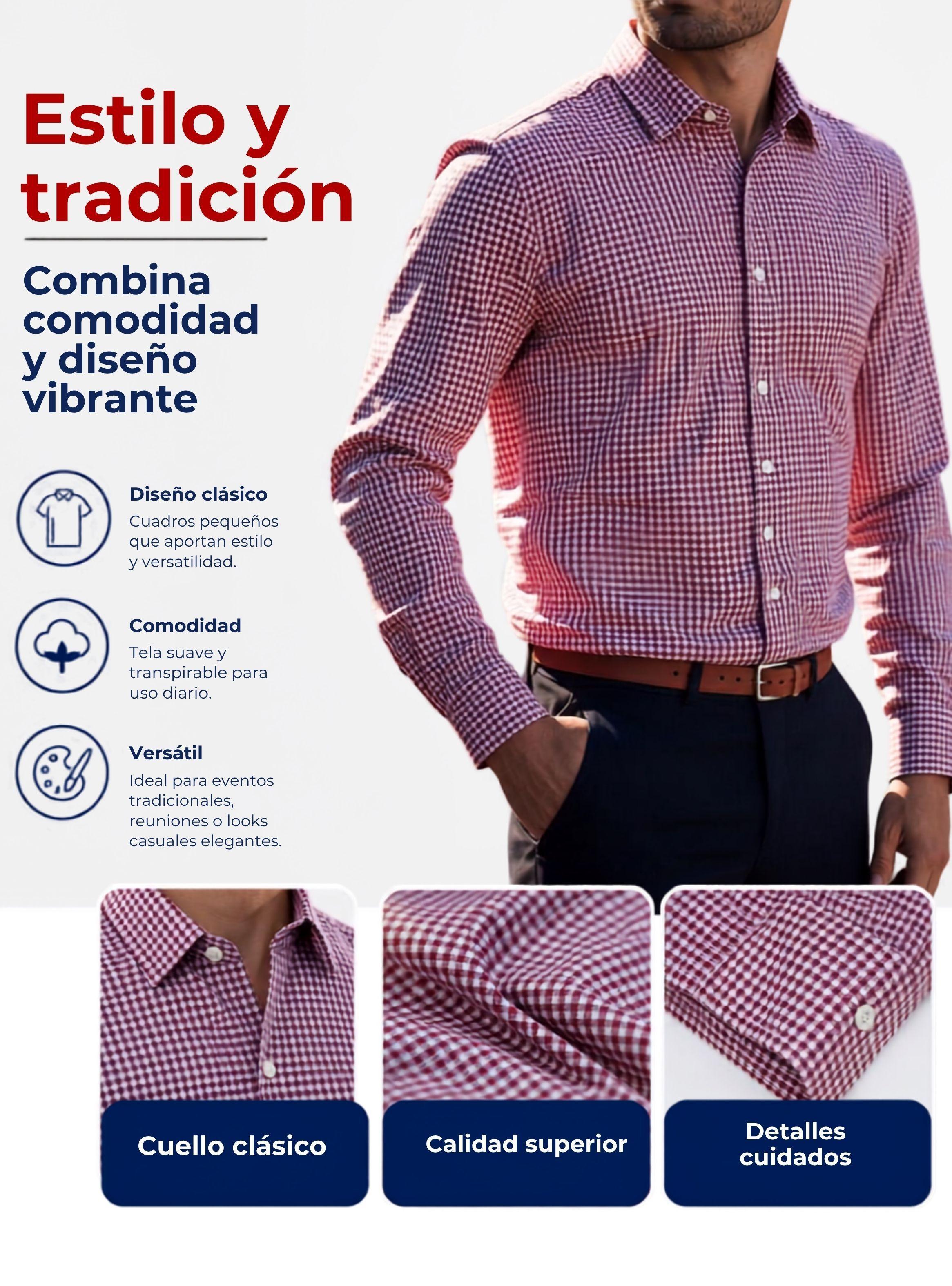 Camisa Huaso Cuadrillé Cuadro Manga Larga 100% de Algodón Rojo Negro Casual-4