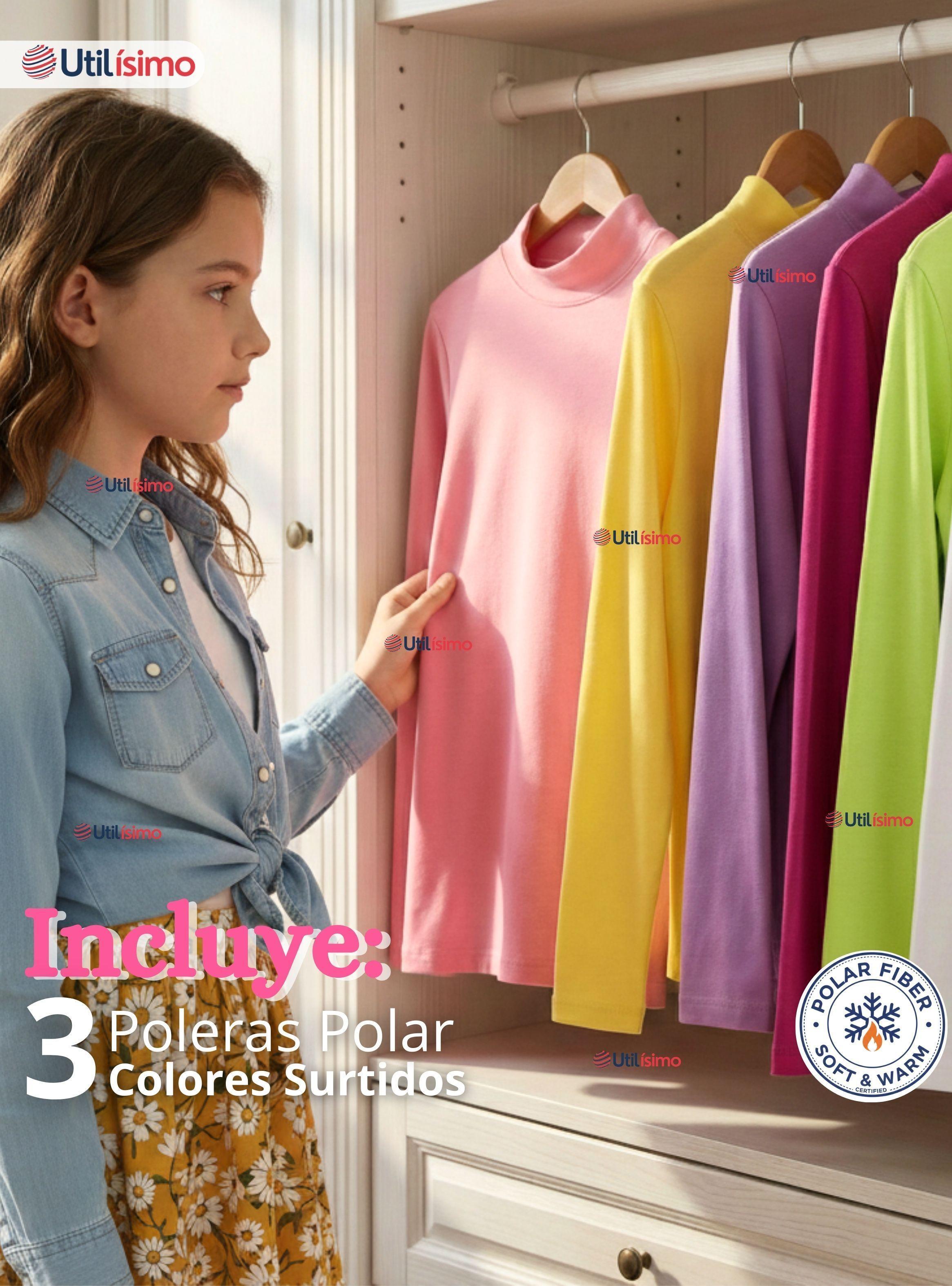 Pack 3 Poleras Camisetas Polar Primera Capa Cuello Beatle Colores Surtidos Niñas-1