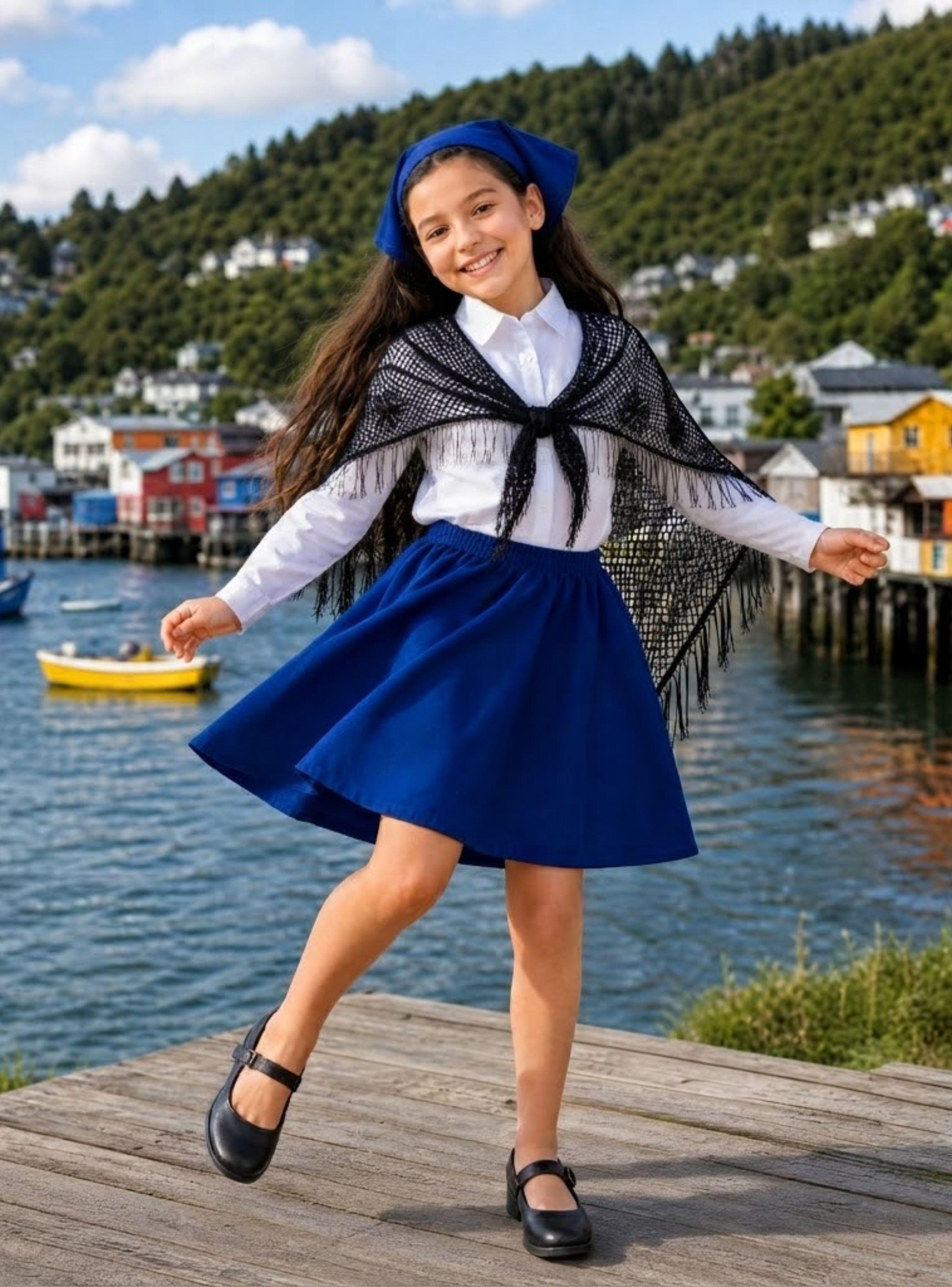Traje Chilote Niña 4 Piezas Azul Con Camisa Baile Típico Fiestas Patrias-0