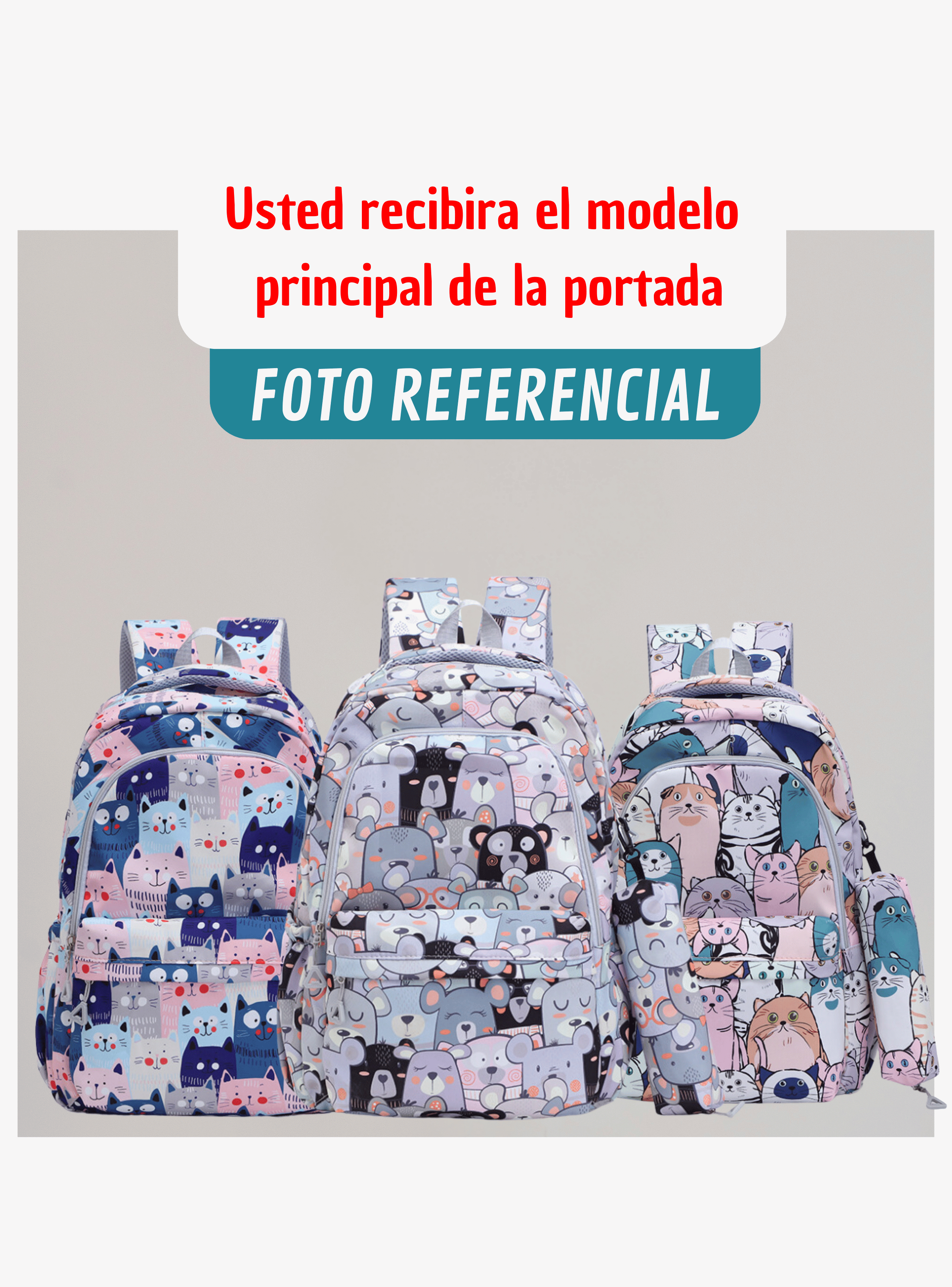 Mochila Escolar 44cm Diseño Estampado Cats and Bears Light Gray Bears-2