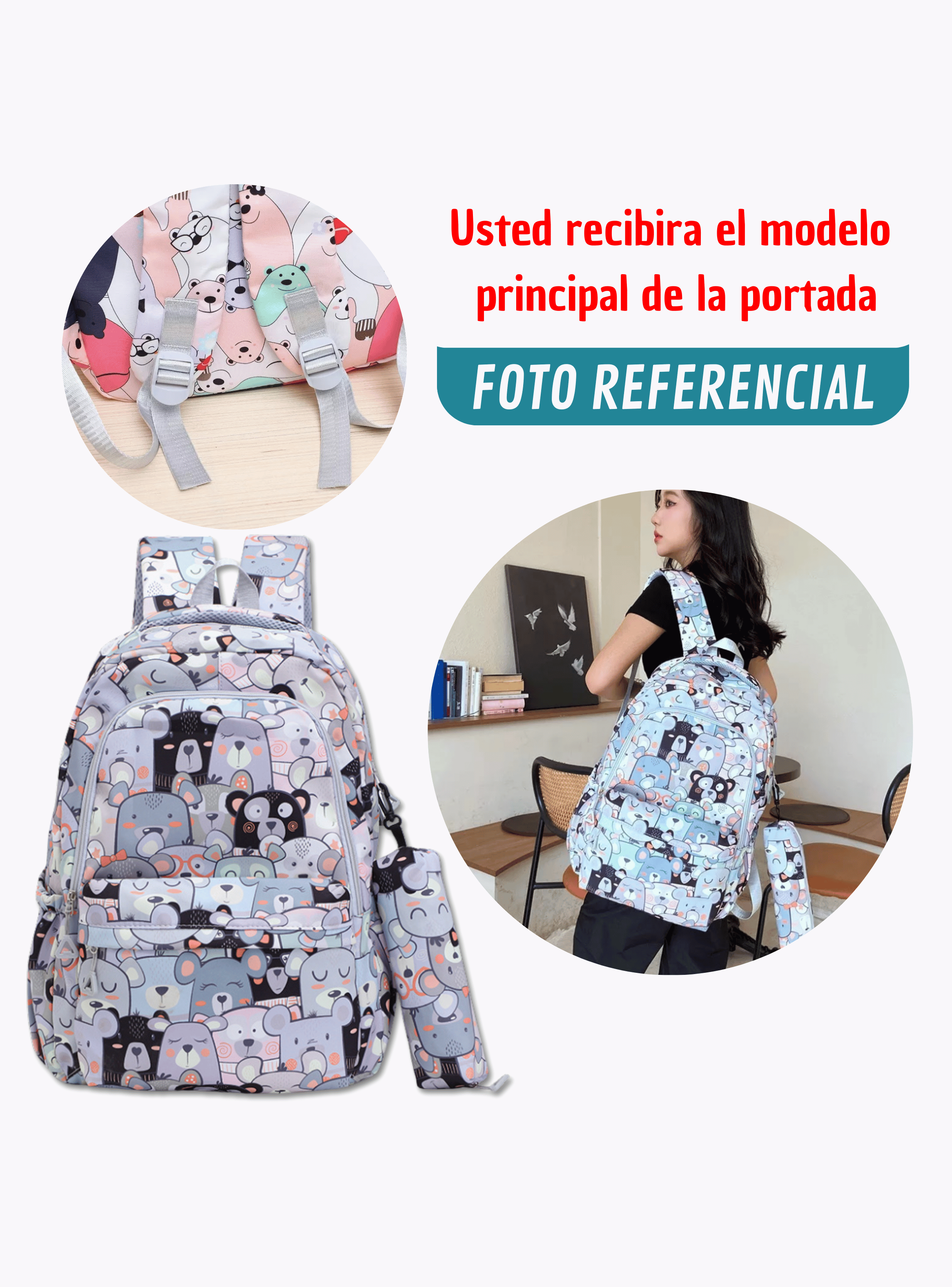 Mochila Escolar 44cm Diseño Estampado Cats and Bears Light Gray Bears-3