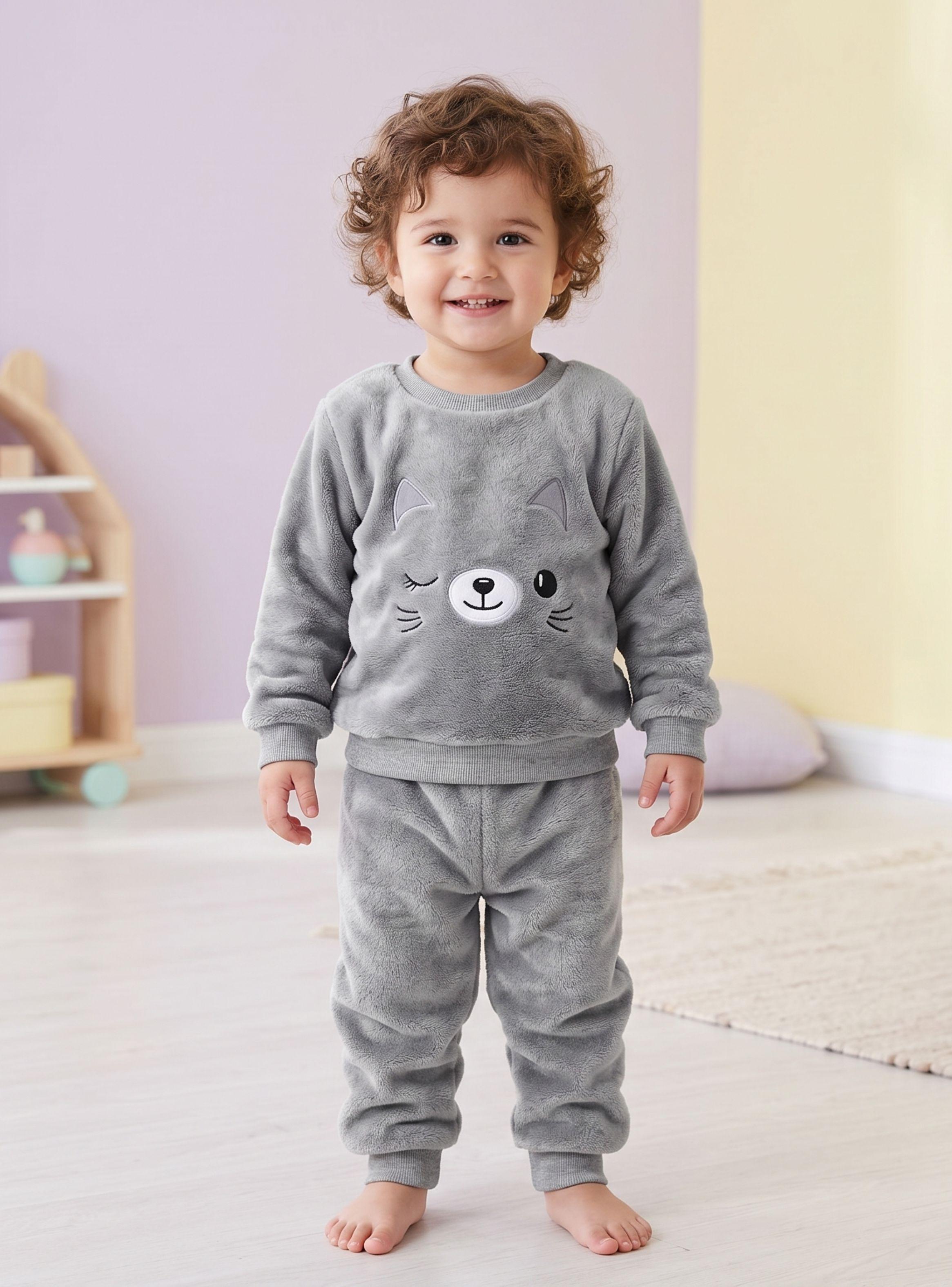 Conjunto 2 Piezas Polerón Buzo Frizado Bebe Niño Corderito Liso Gray Cat-0