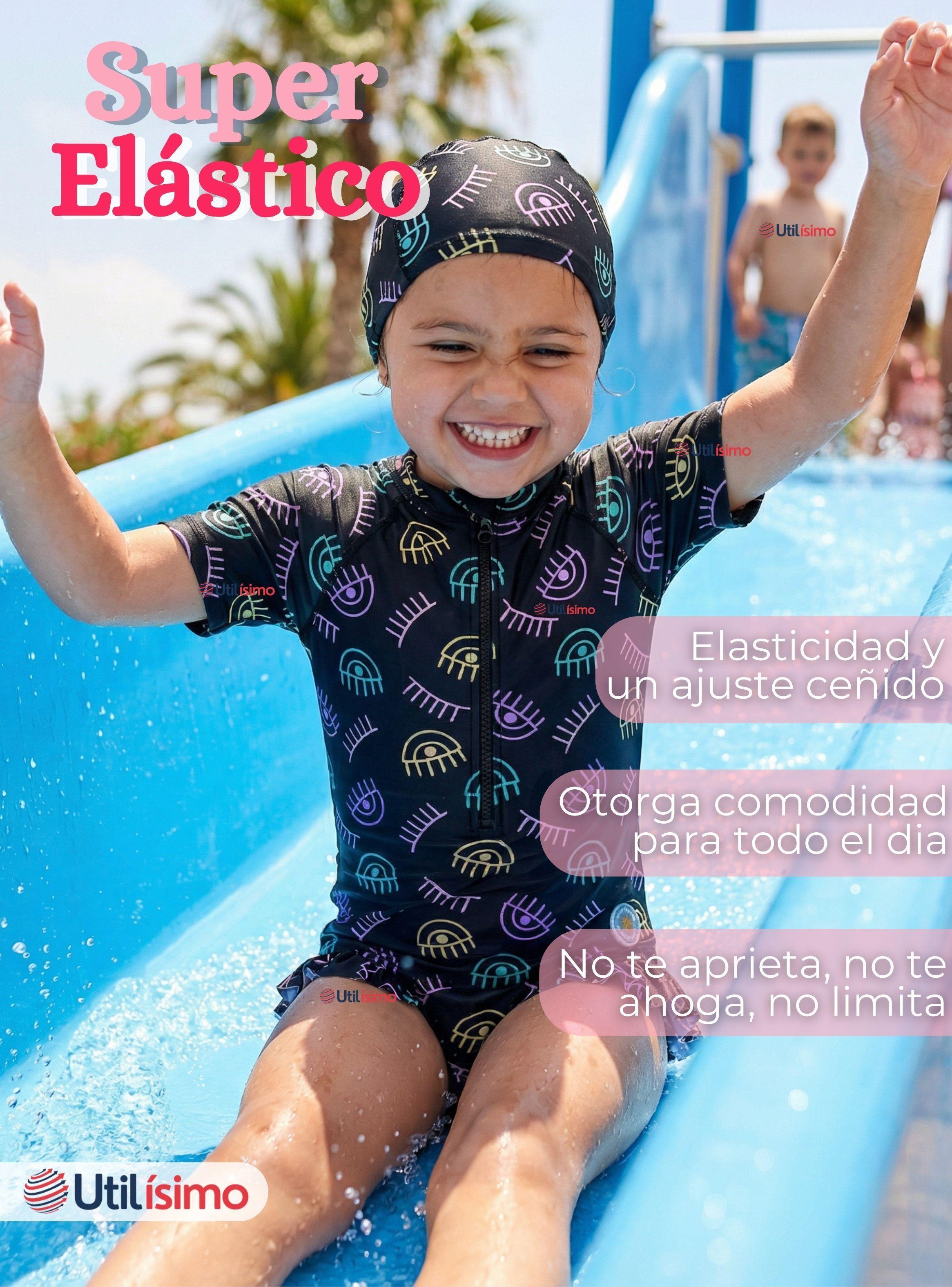 Traje de Baño Enterito Cremallera Manga Larga Con Gorro Niña 1 a 6 años Black-5