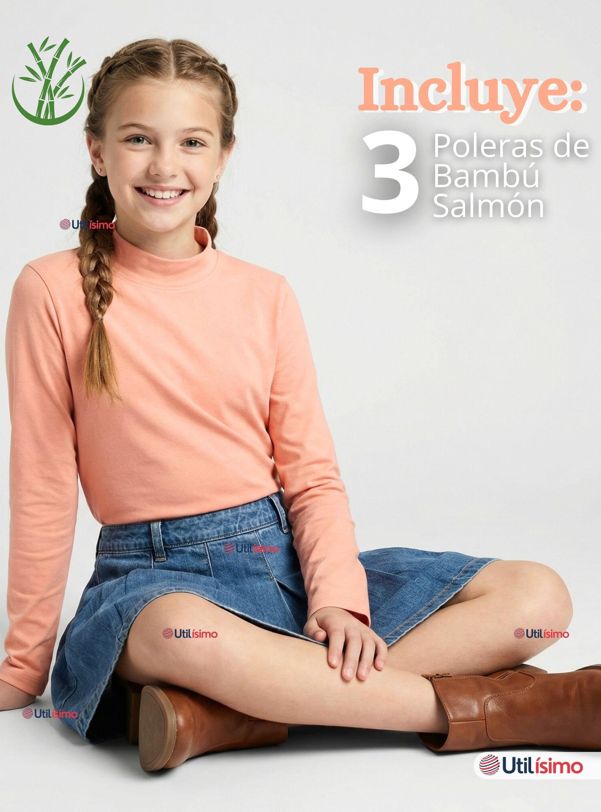 Pack 3 Polera Camiseta Bambú Salmón Cuello Beatle Primera Capa Manga Larga Niña-1