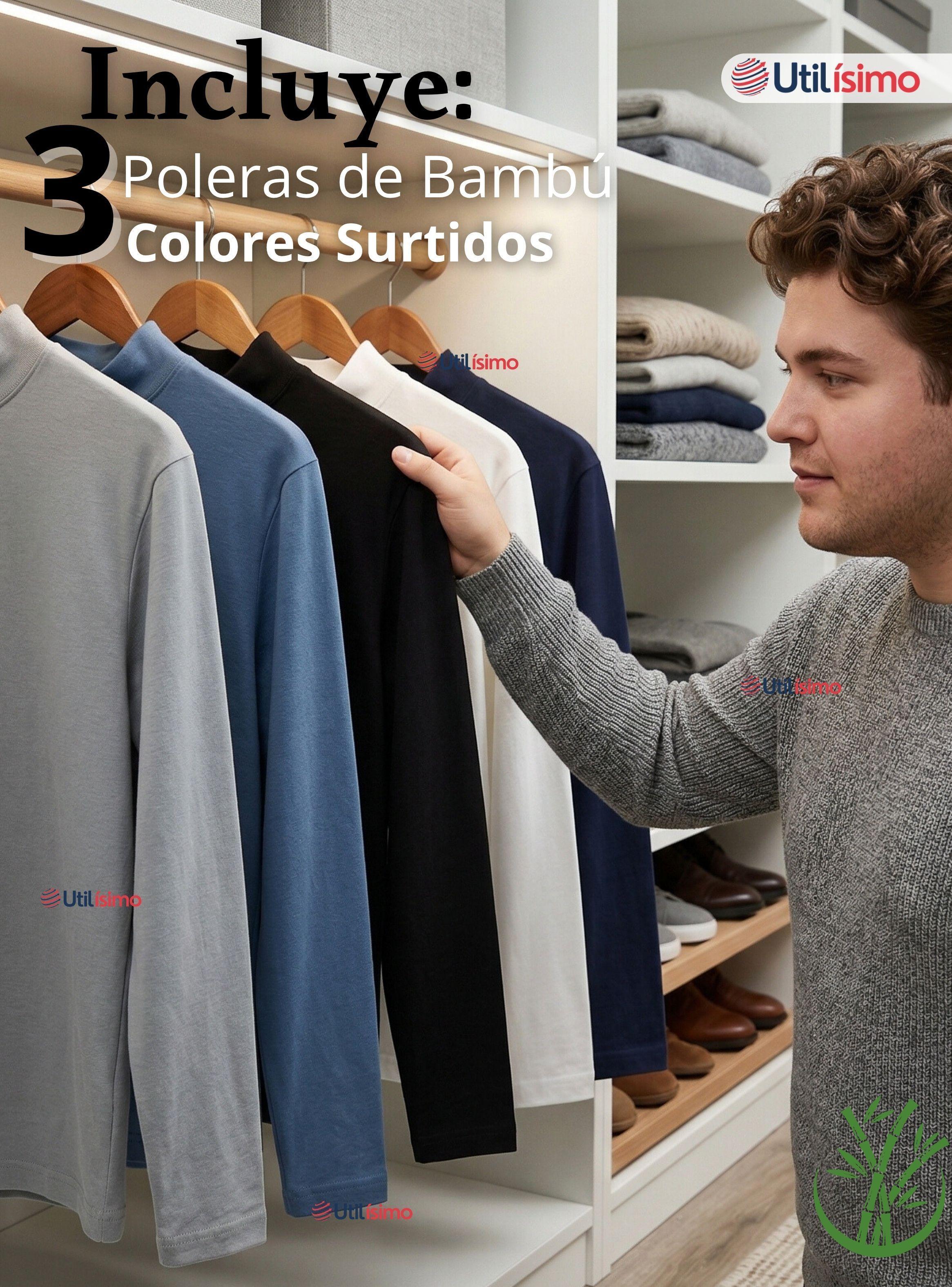 Pack 3 Camisetas Poleras Bambú Primera Capa Cuello Beatle Mangas Larga Colores Surtidos Hombre-2