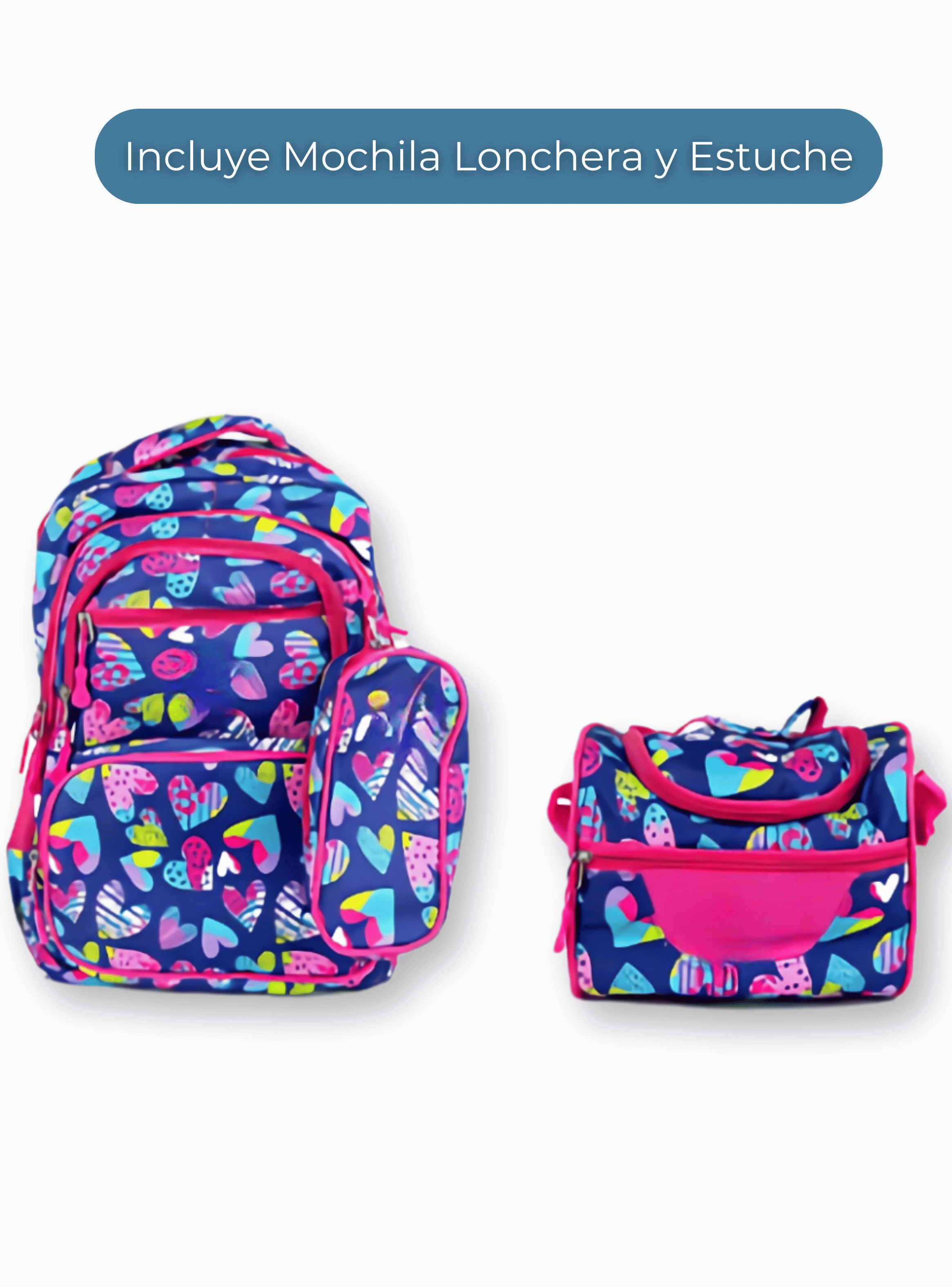 Mochila Con Lonchera Y Estuche 45CM Niña Full Color Hearts-2