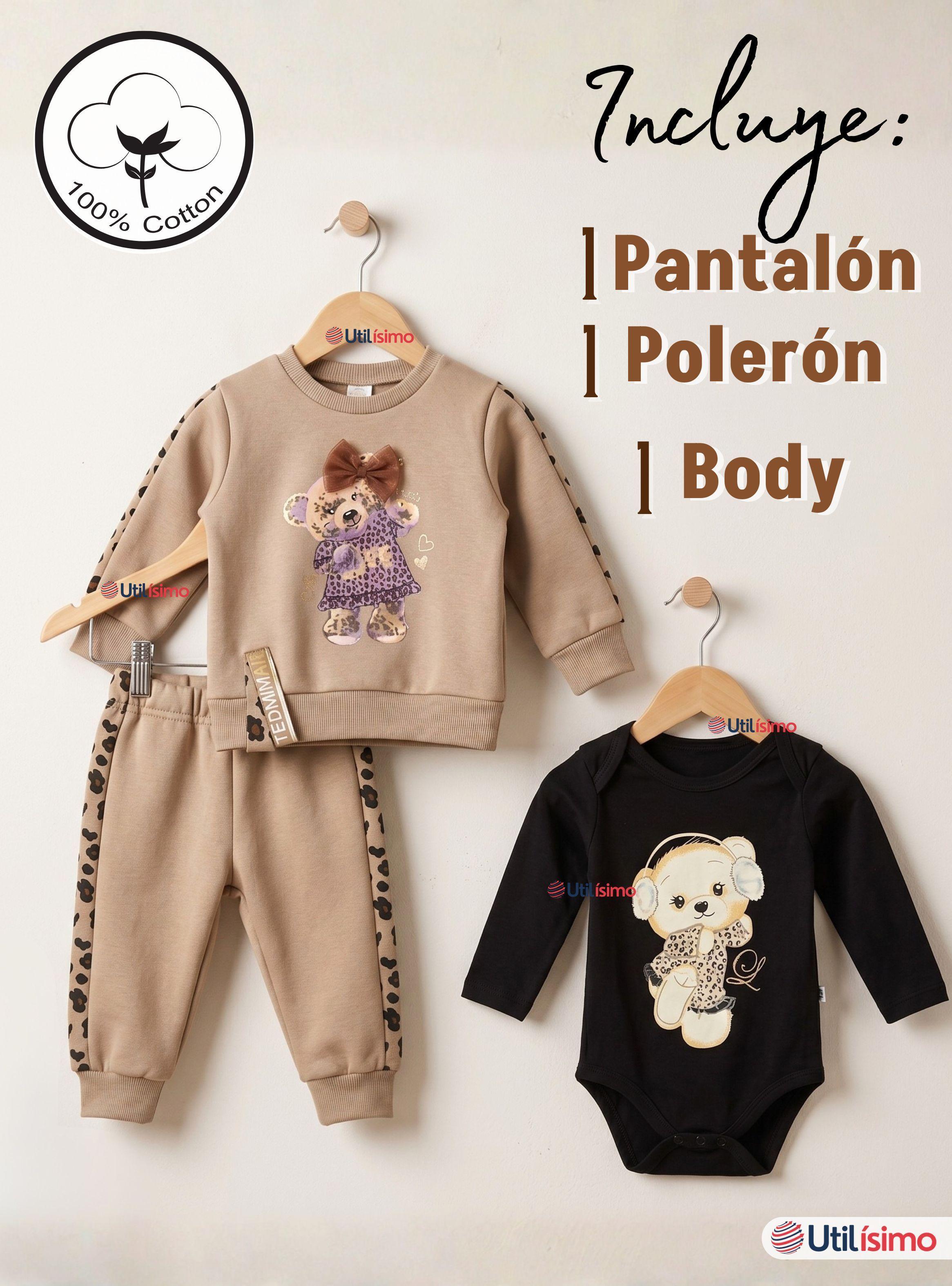 Conjunto 3 Piezas Buzo Pantalón Polerón Body  Algodón Beige Bebé Niña-2