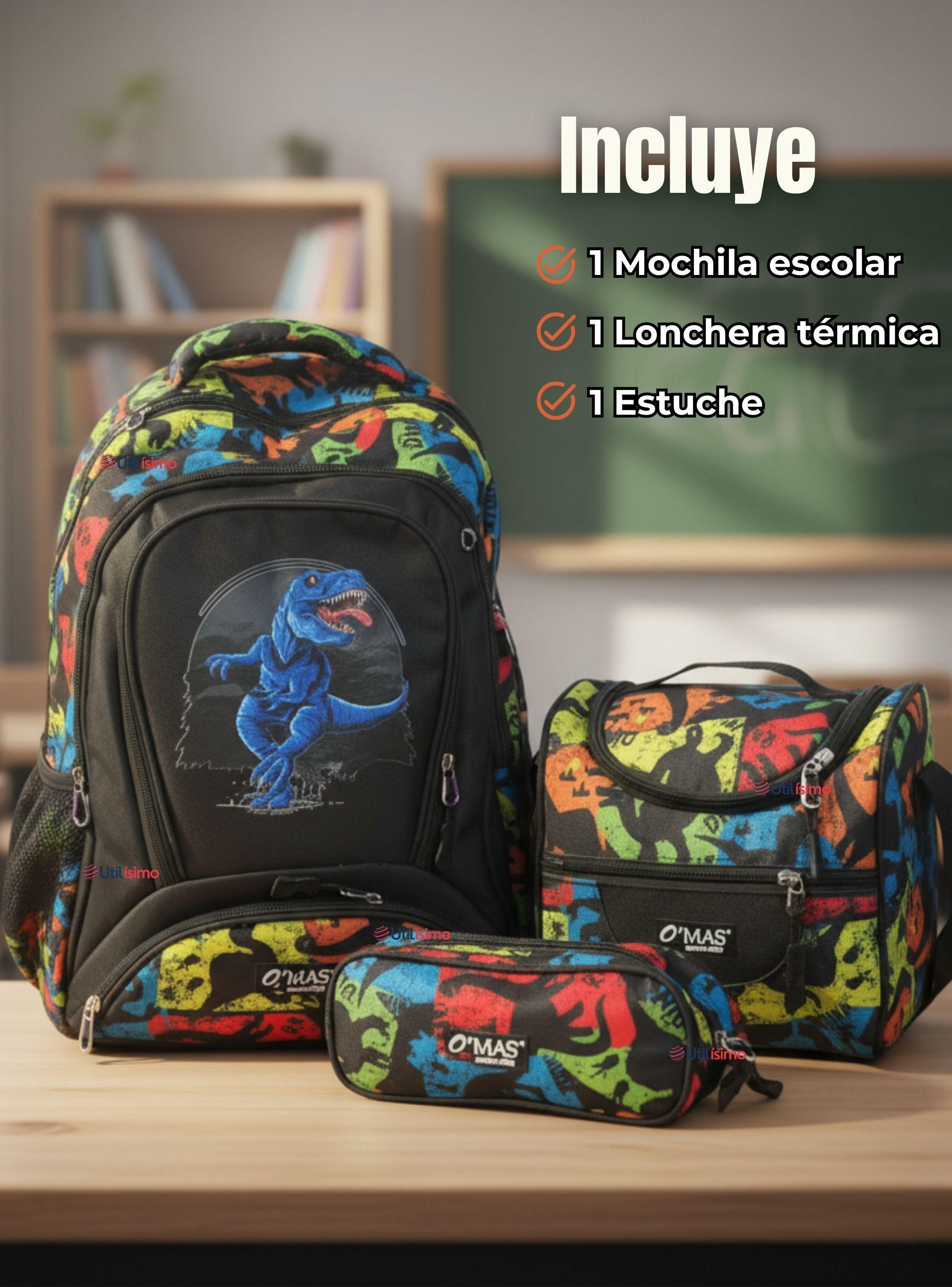 Mochila Escolar Kit Con Estuche y Lonchera 45 cm Tela Oxford Dinosaurio Azul Niño-1