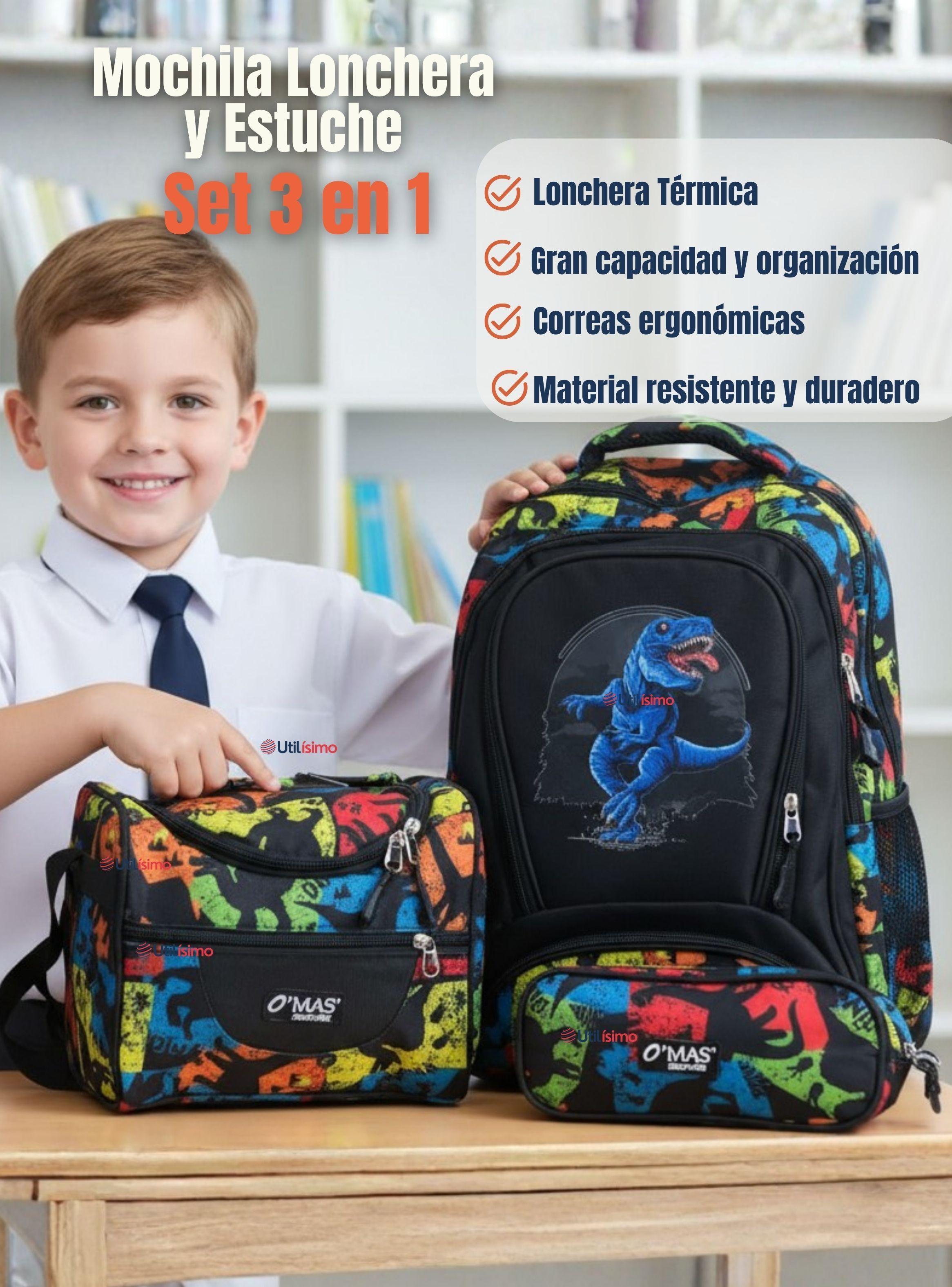 Mochila Escolar Kit Con Estuche y Lonchera 45 cm Tela Oxford Dinosaurio Azul Niño-2