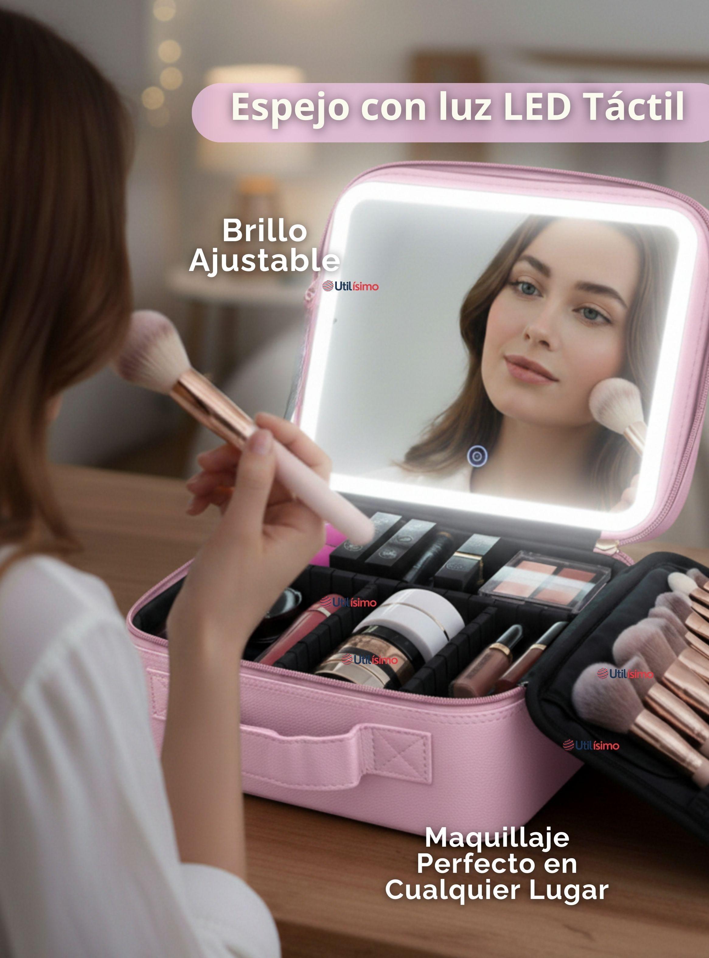 Estuche Maquillaje 2 en 1 Bolso Cosmetiquero Con Espejo con Luz Led Organizador de Color rosado -2