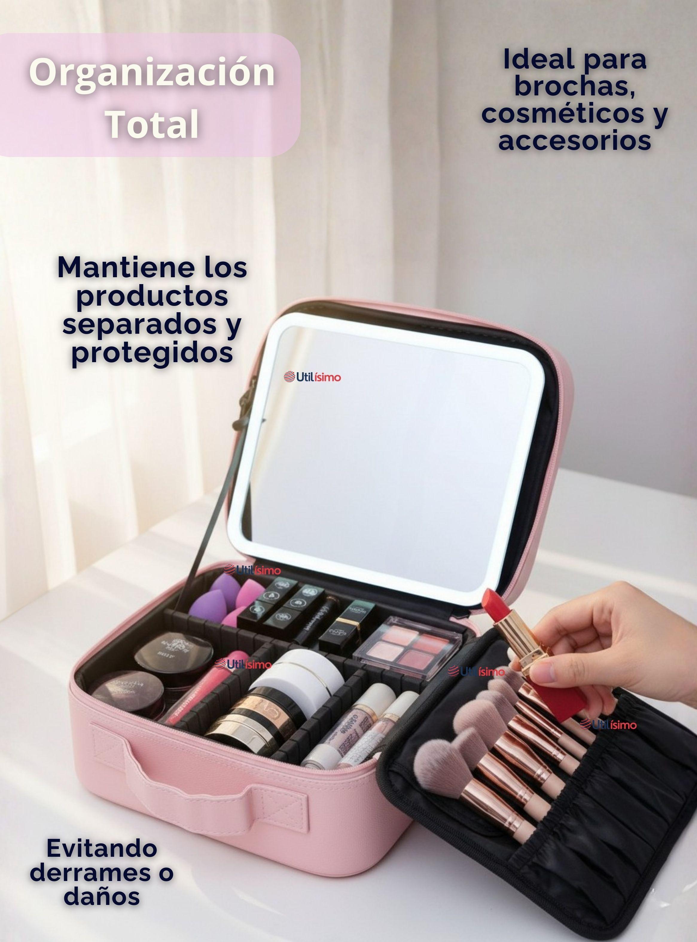 Estuche Maquillaje 2 en 1 Bolso Cosmetiquero Con Espejo con Luz Led Organizador de Color rosado -4