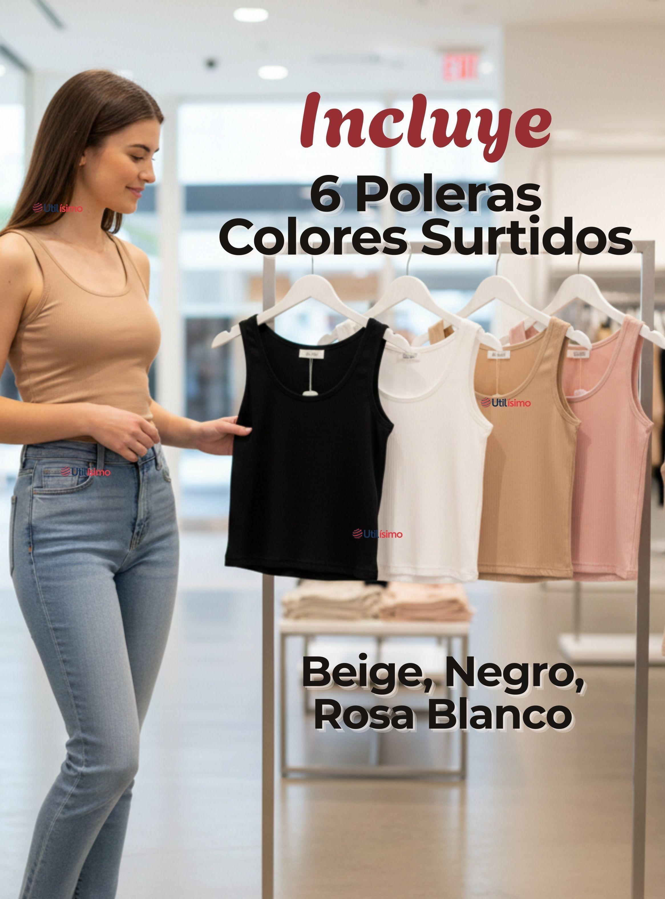 Pack 6 Camisetas Poleras Sin Mangas Tela Acanalada Algodón para Mujer Colores Surtidos-1