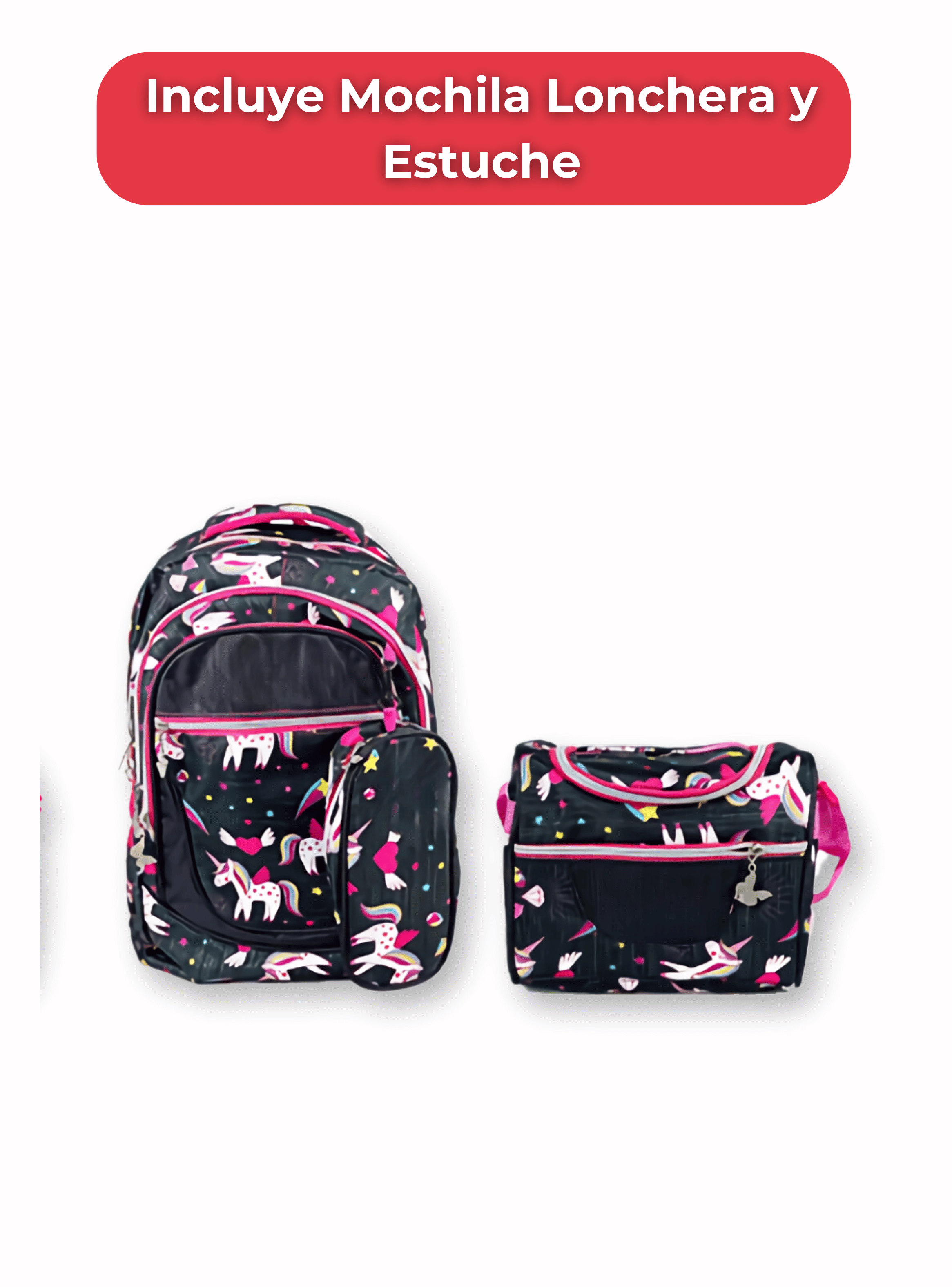 Mochila Con Lonchera Y Estuche 45CM Diseño Estampado Niña Unicorns-2