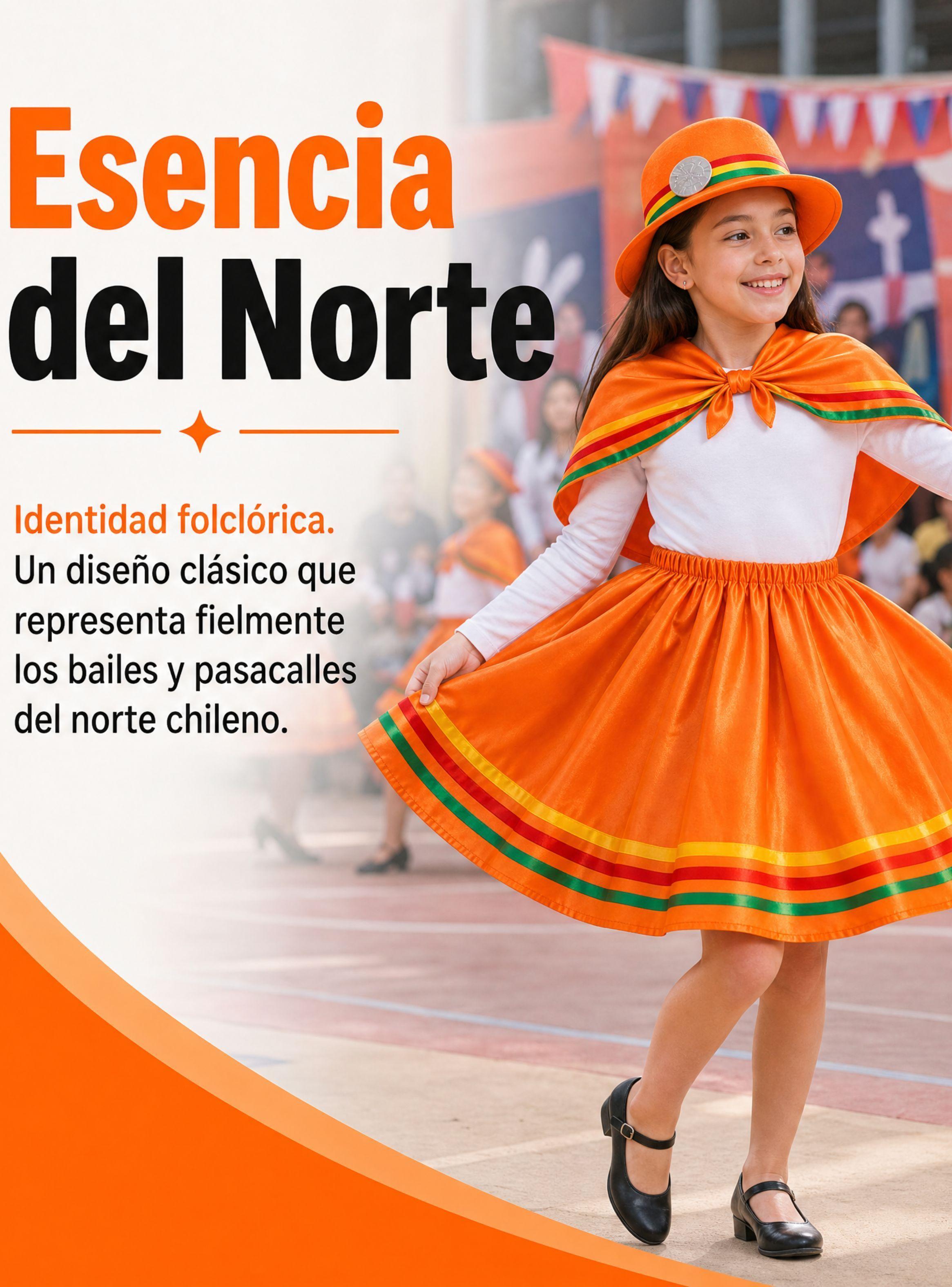 Traje Nortino Niña 3 piezas Naranja Baile Típico Fiestas Patrias-7