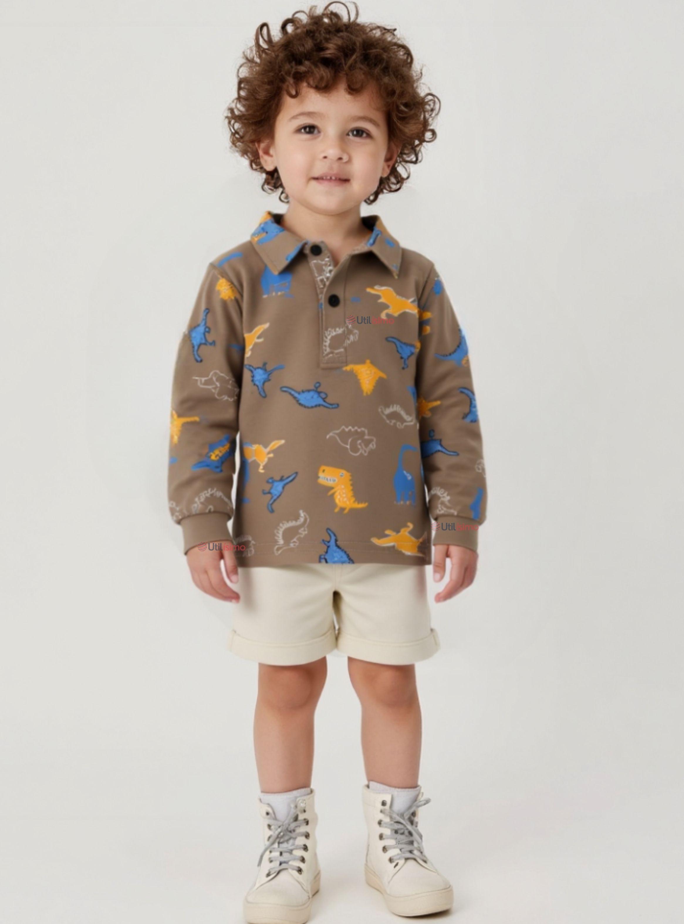 Polera Piqué Manga Larga Niño Estampado Dinosaurios Marrón-0