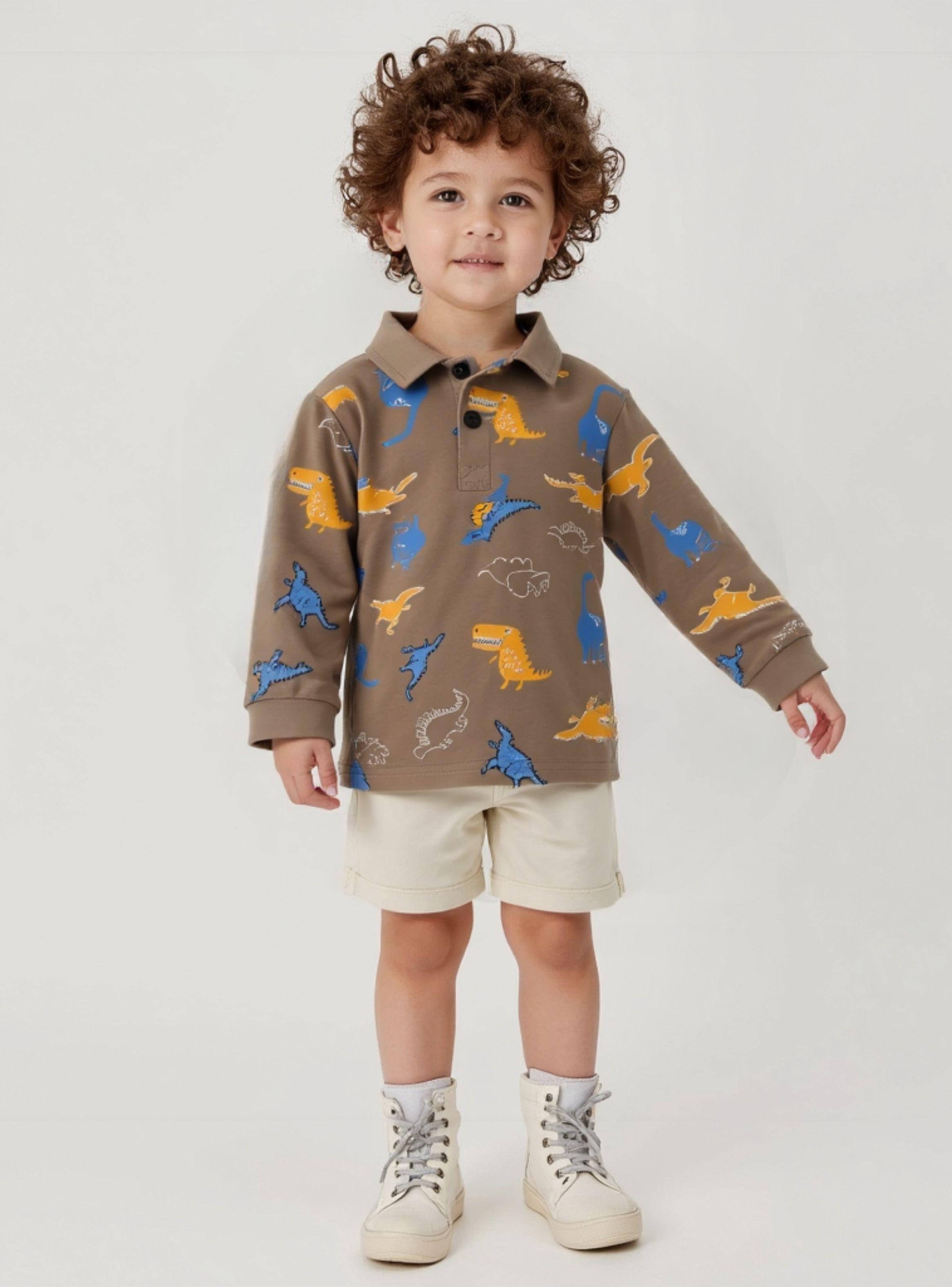 Polera Piqué Manga Larga Niño Estampado Dinosaurios Marrón-5
