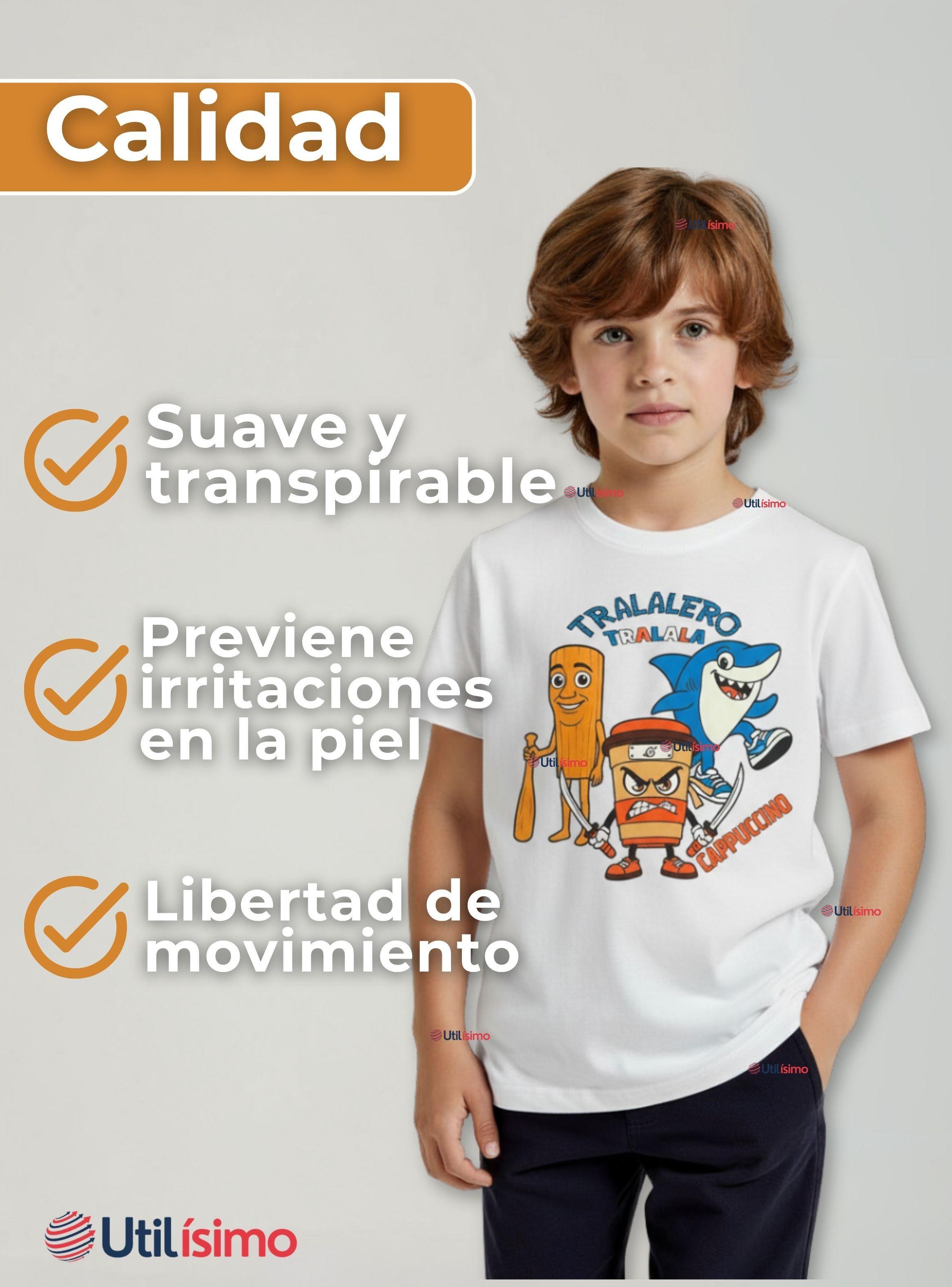 Polera Brainrots 100% Algodón Manga Corta Niño Tralalero Blanco-4