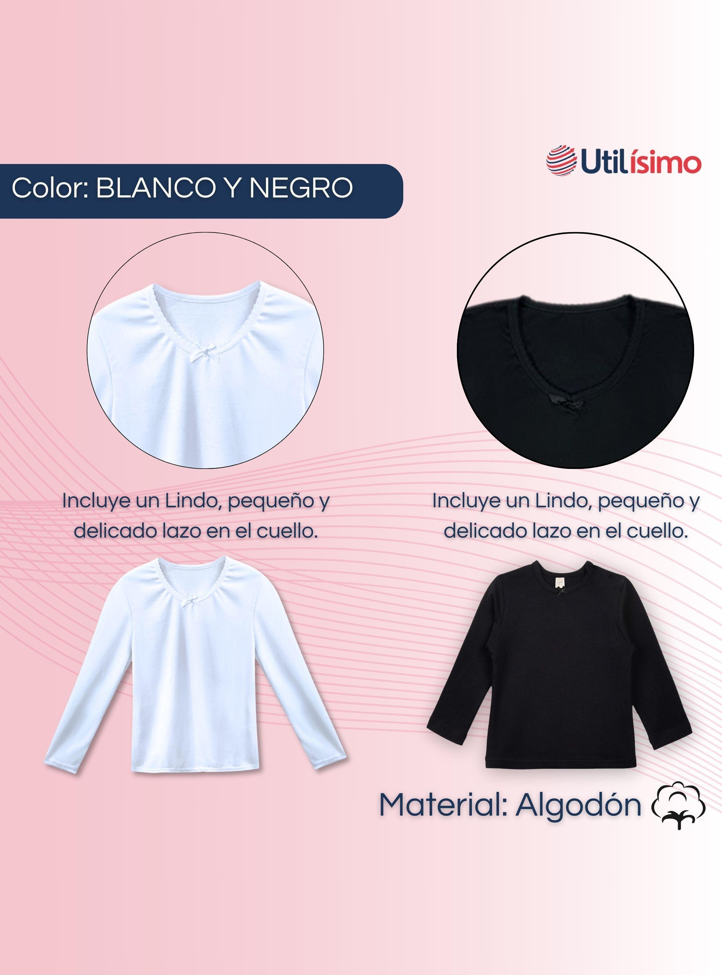 Pack 3 Camisetas Algodón Manga Larga Poleras Niña Primera Capa Cuello Redondo Blanco Negra-3