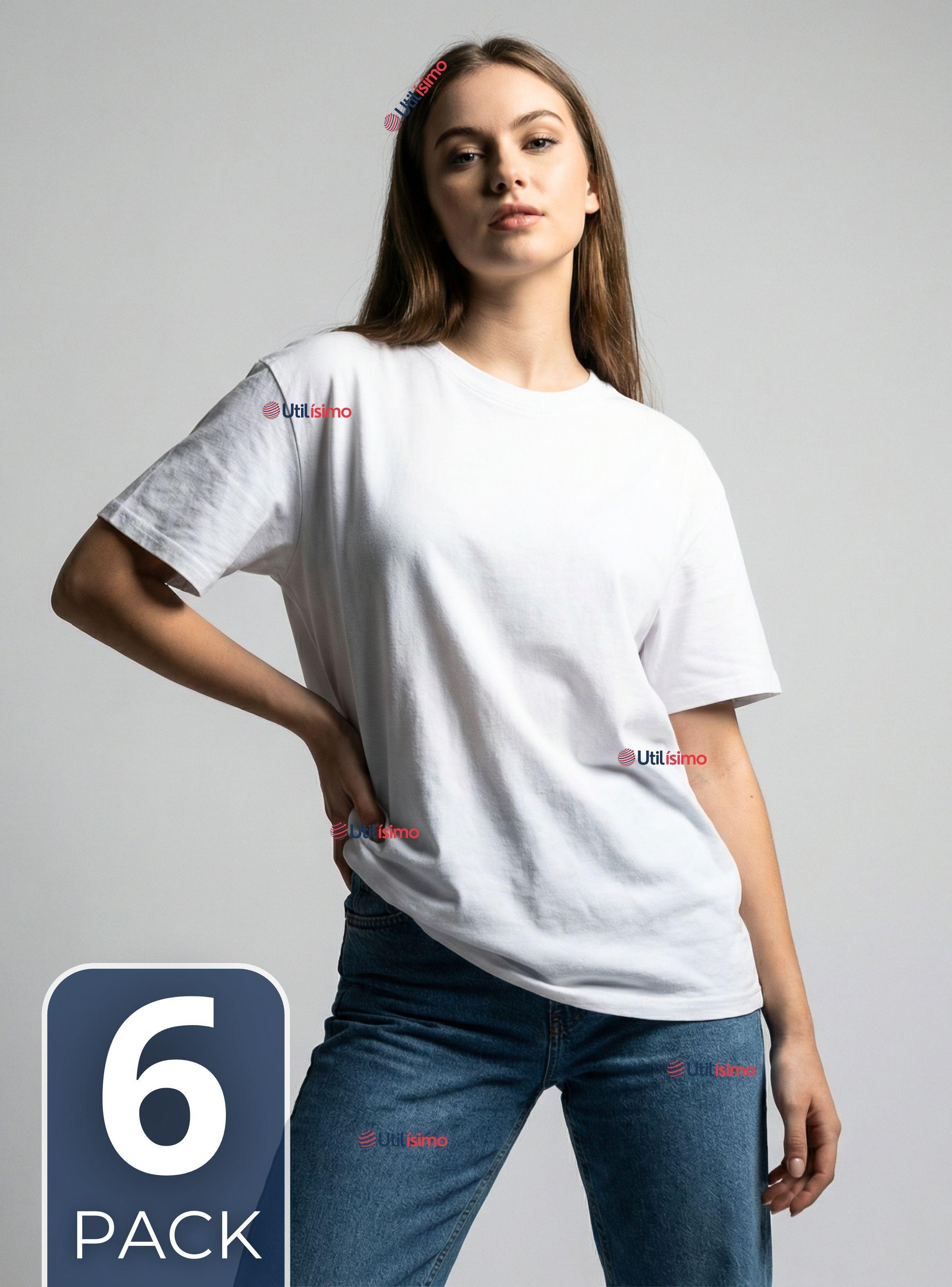 Pack 6 Camisetas Poleras 100% Algodón Básica Lisa Elástica Mujer Blanco-0