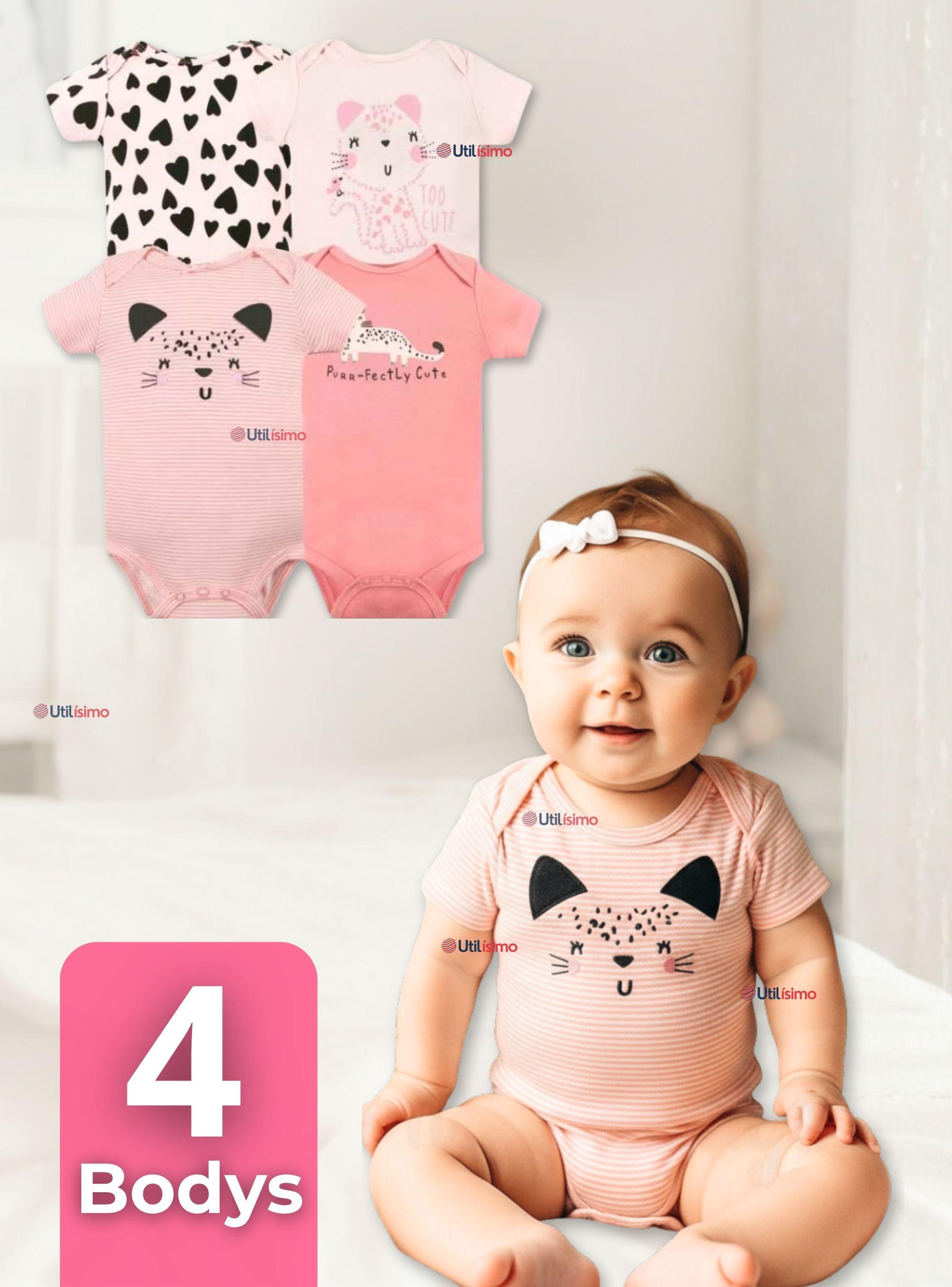 Pack 4 Bodys Niña Manga Corta Tedmimak 100% Algodón Cat Love-0
